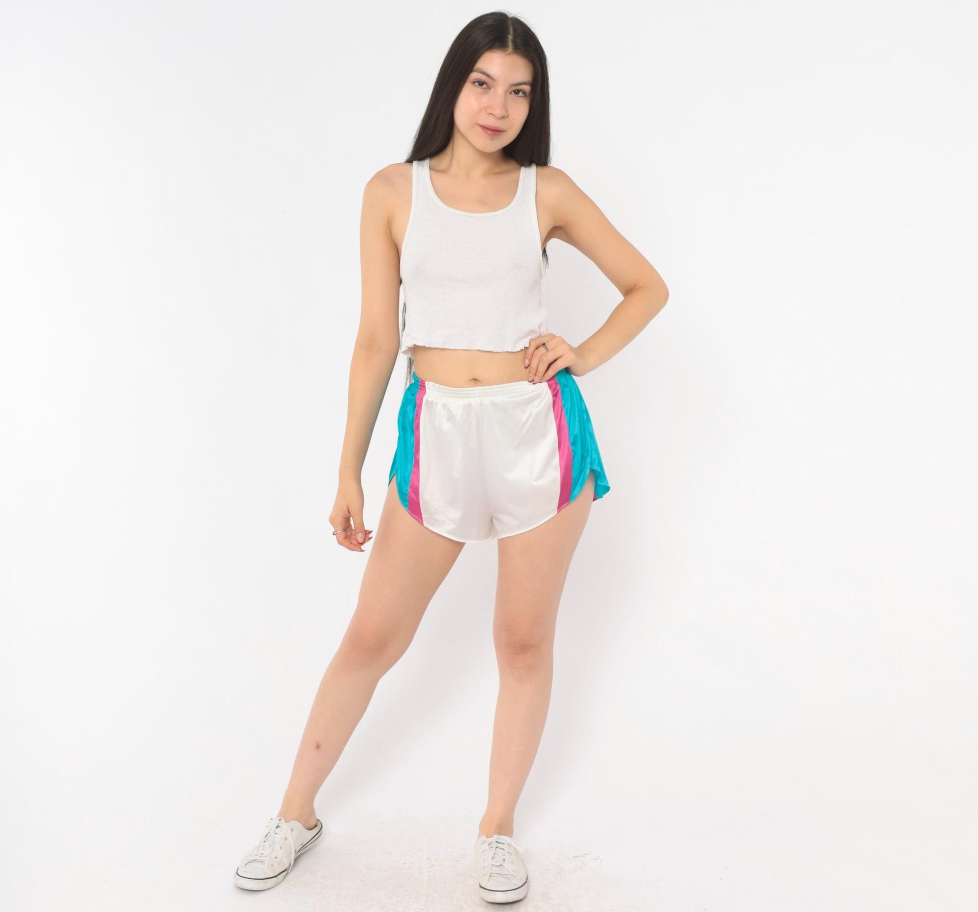 80s Nike Running Shorts White Teal Pink Color Block Small S
