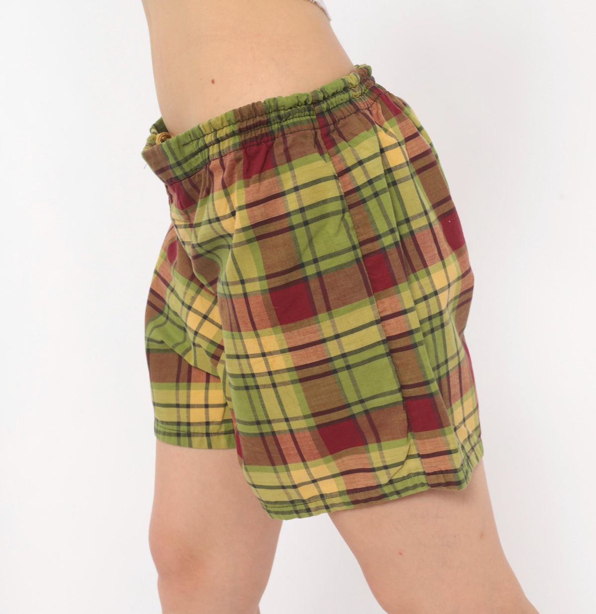 70s Plaid Swim Shorts Olive Burgundy Tartan Cotton Unisex Medium