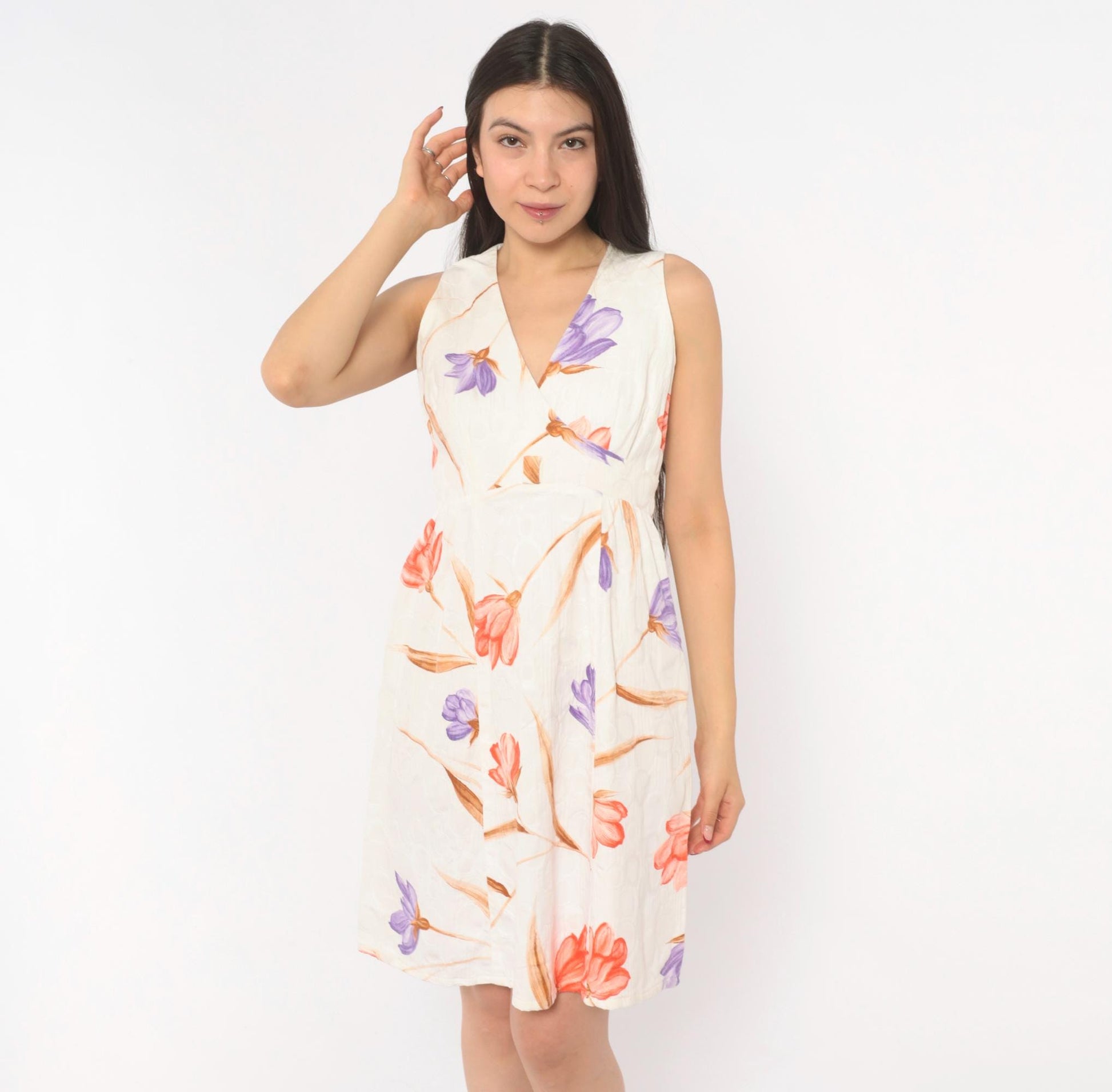 70s Tori Richard Floral Cotton Mini Dress V-Neck Wrap Ivory Small S