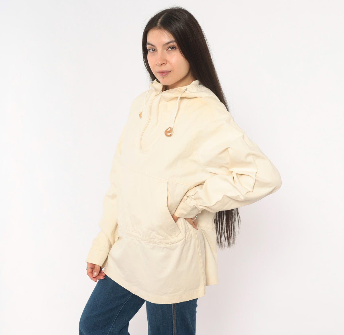 80s Woolrich Cream Cotton Anorak Half-Zip Hooded Pullover Jacket Medium