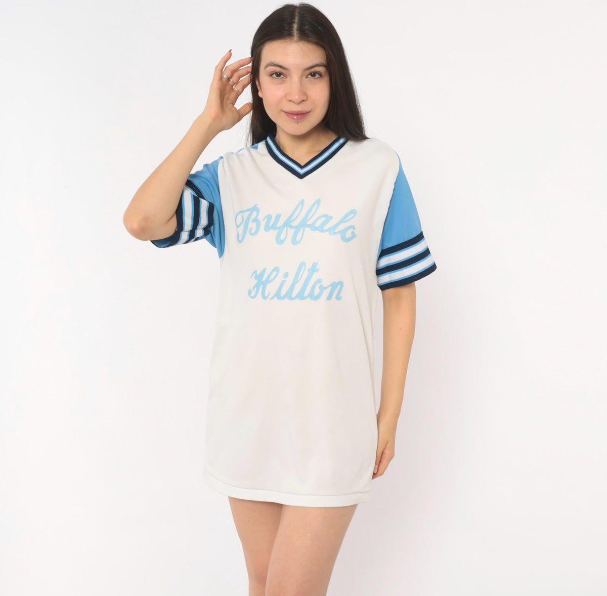 80s Bike Baseball Jersey White Sky Blue Raglan Striped V-Neck Medium