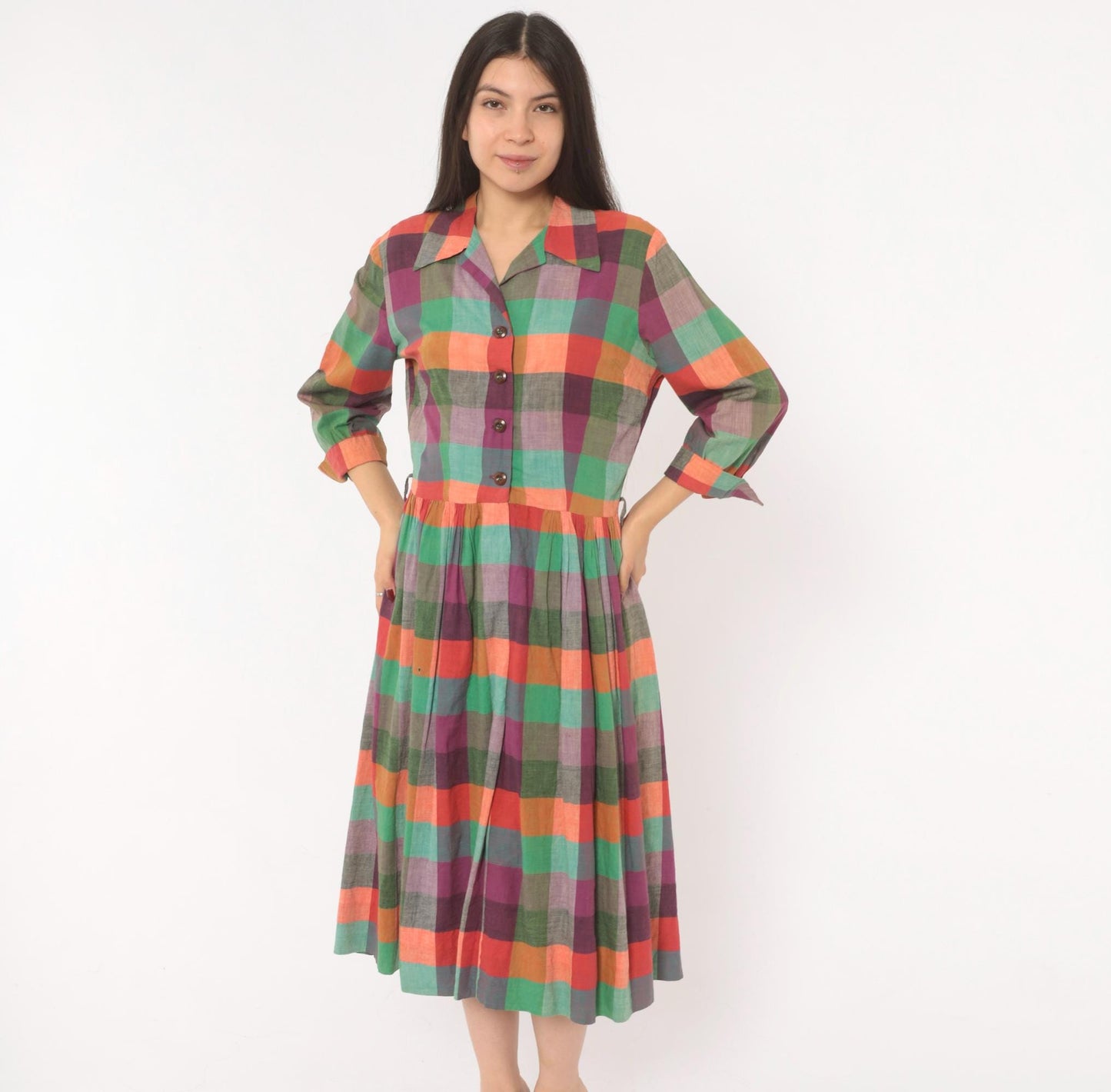 60s Multicolor Plaid Shirtdress Cotton Button Front Midi Purple Green Coral Large