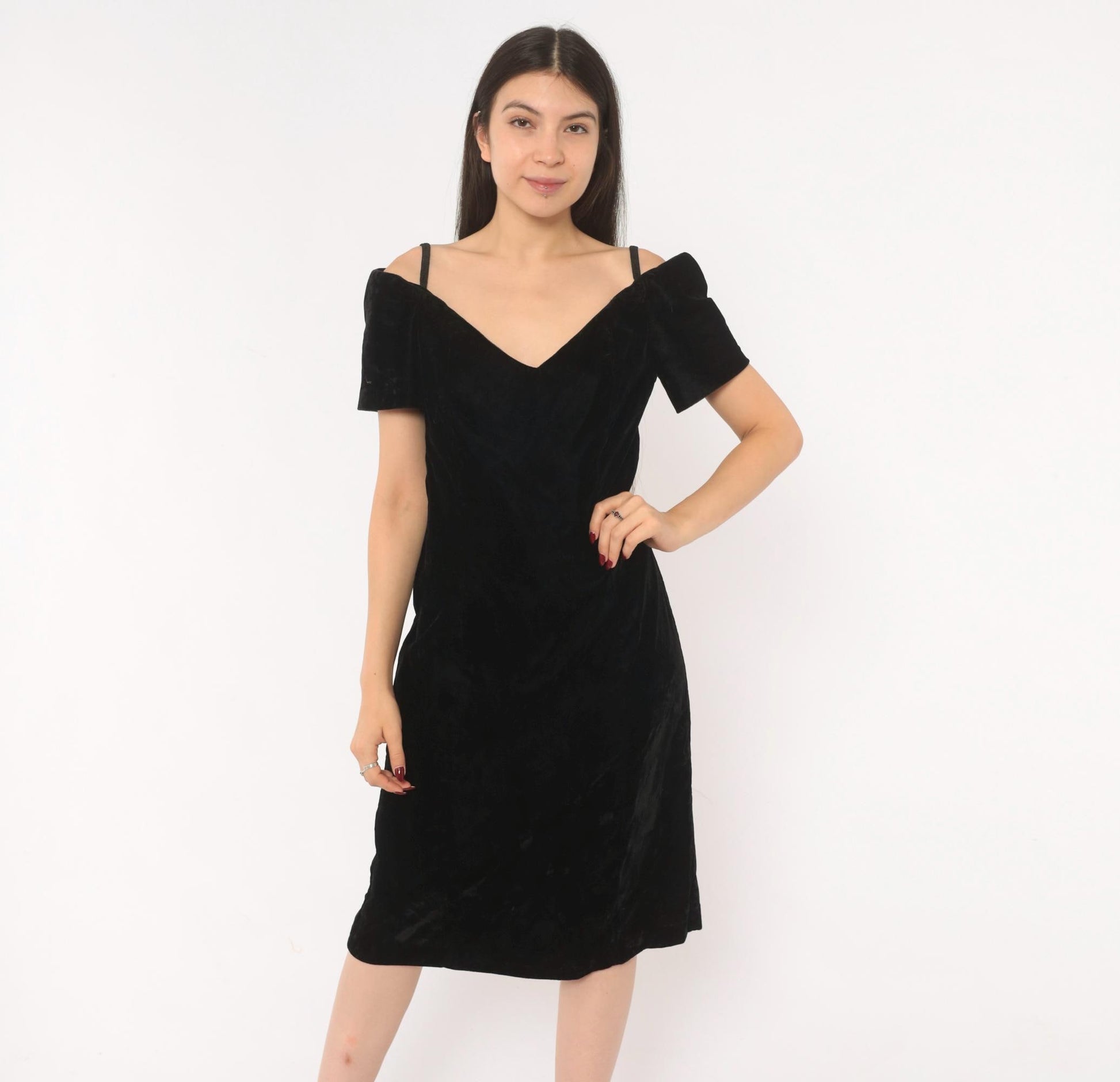 90s Black Velvet Off-Shoulder Dress V-Neck Spaghetti Strap Knee Length Medium M