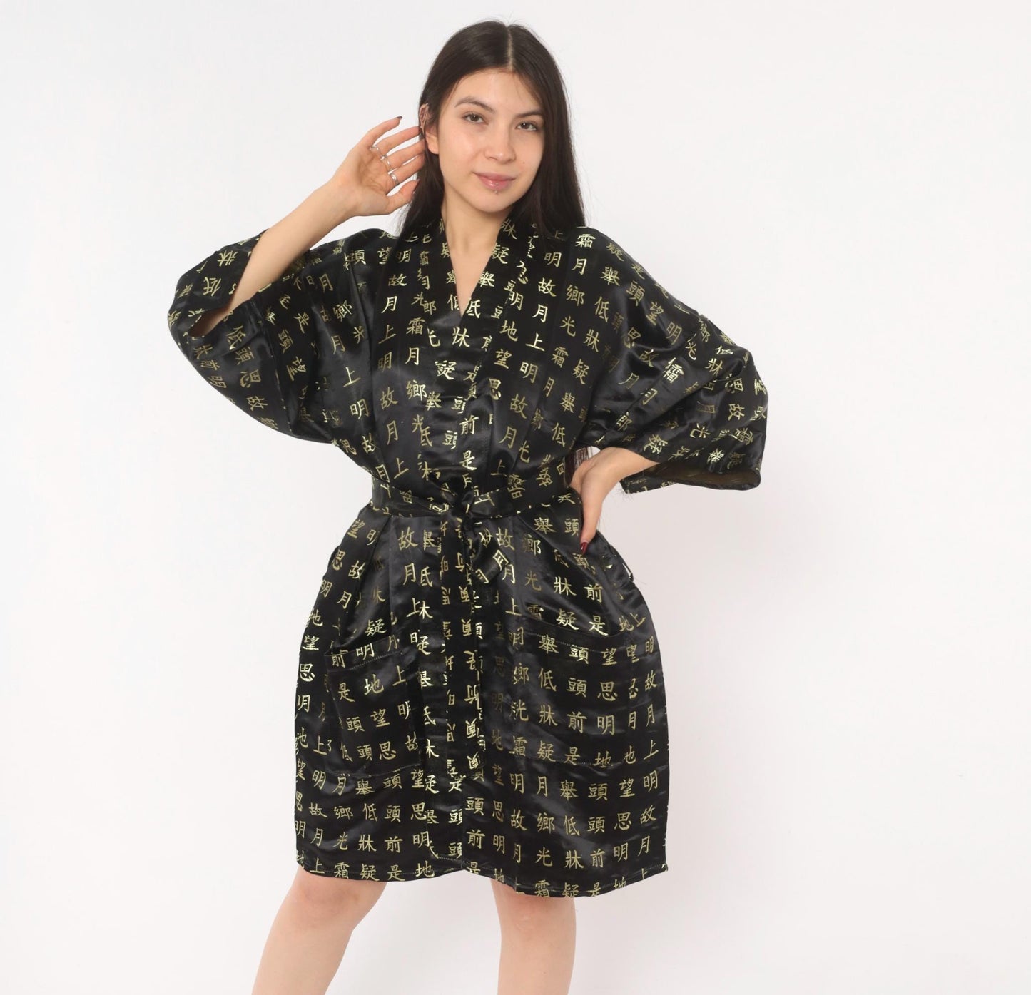 90s Chinese Calligraphy Kimono Robe Black Gold Wrap Tie Front Extra Large