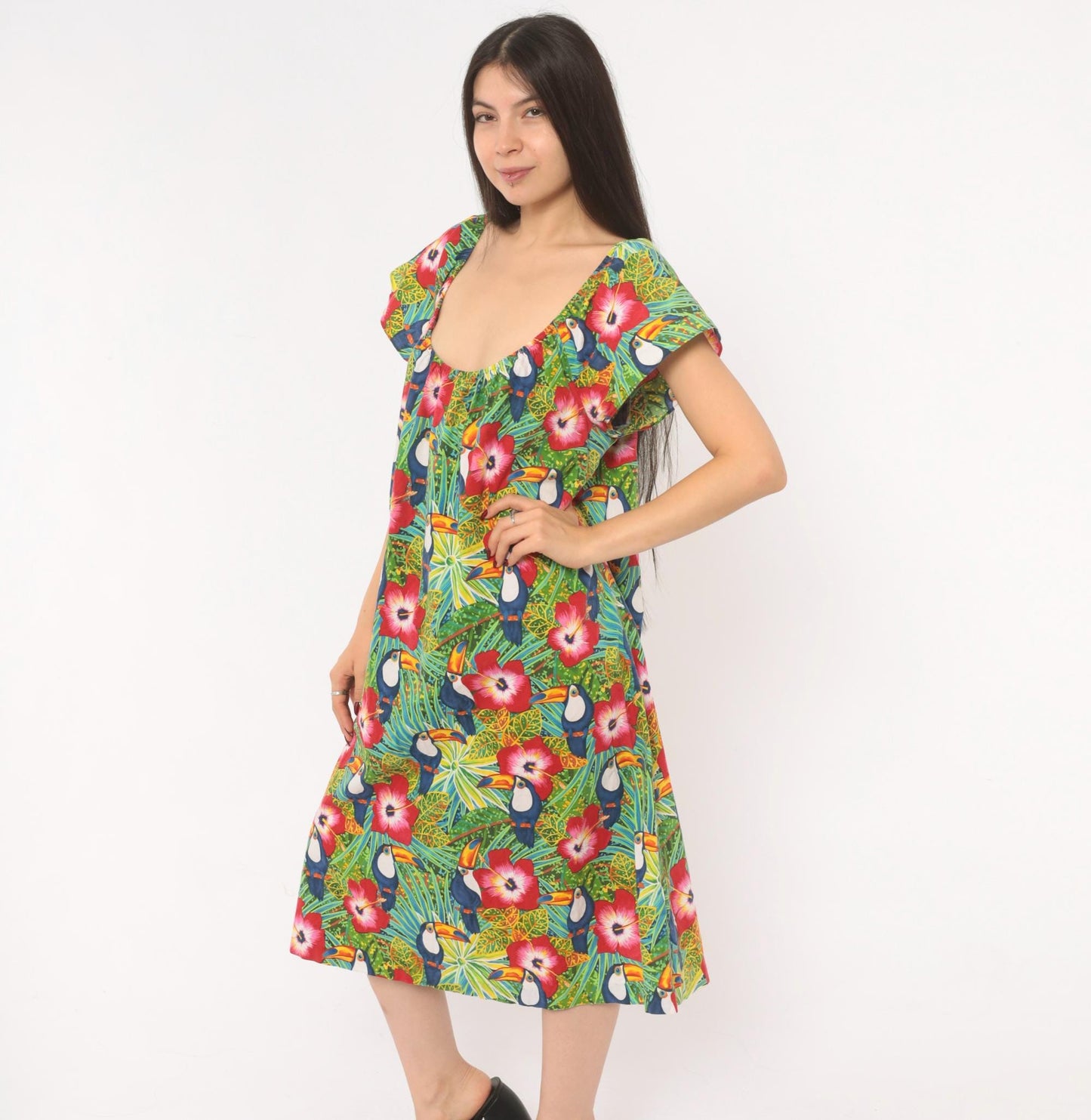 80s Seawind Toucan Hibiscus Midi Dress Flutter Sleeve Cotton Tropical Extra Large