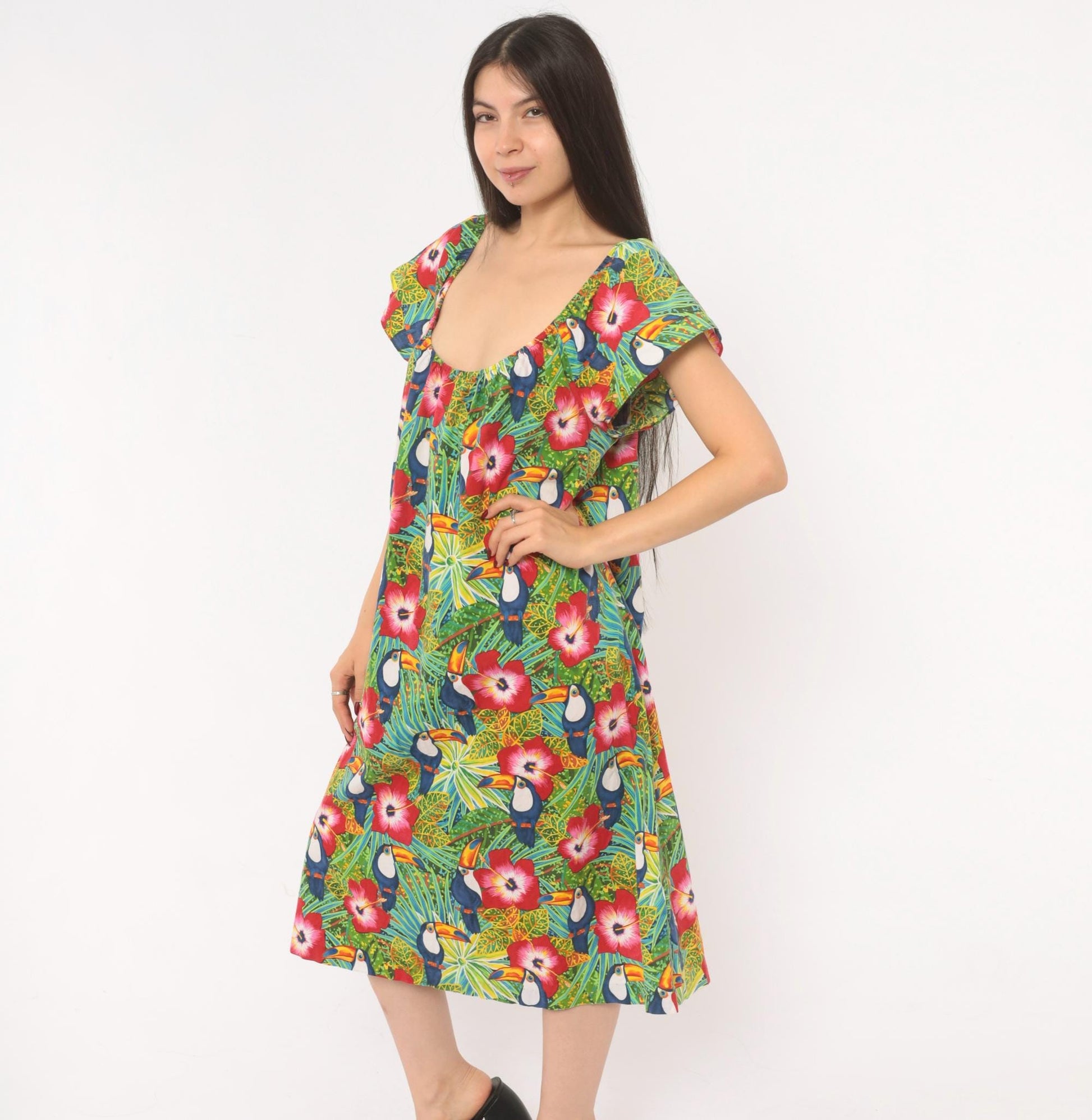 80s Seawind Toucan Hibiscus Midi Dress Flutter Sleeve Cotton Tropical Extra Large