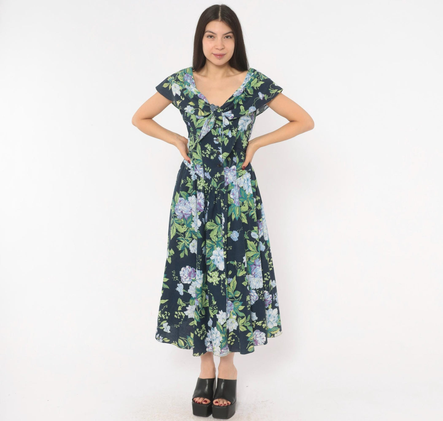 80s Jessica Howard Navy Floral Cotton Dress Sailor Collar Button Front Medium