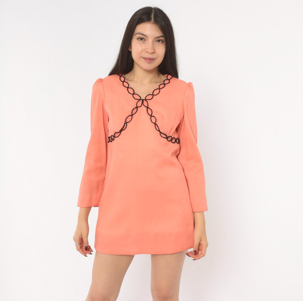 70s Peach Mini Dress Puff Sleeve V Neck Empire Waist Black Beaded Chain Small
