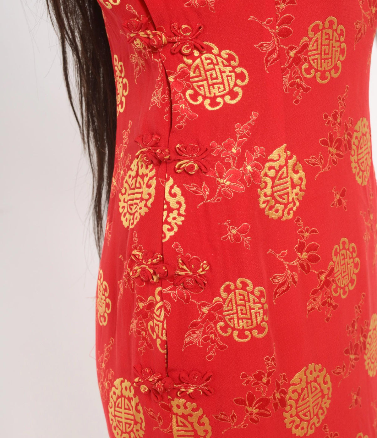 80s Red Gold Cheongsam Midi Dress Mandarin Collar Frog Button Small