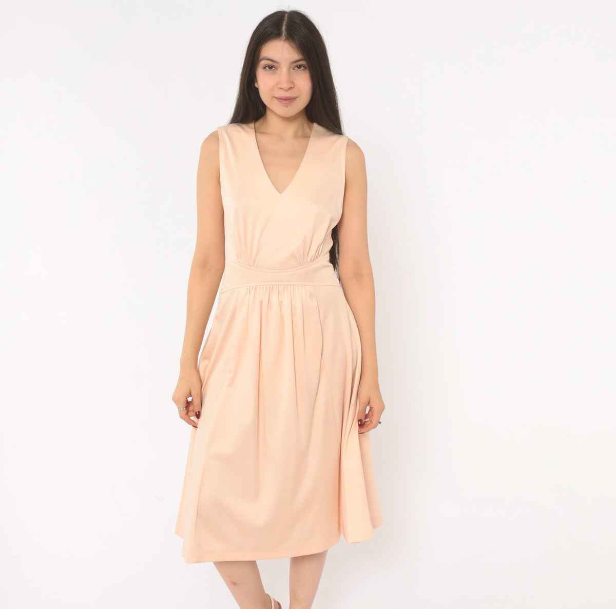 70s Plaza South Peach V-Neck Sundress Pleated Flare Midi Small