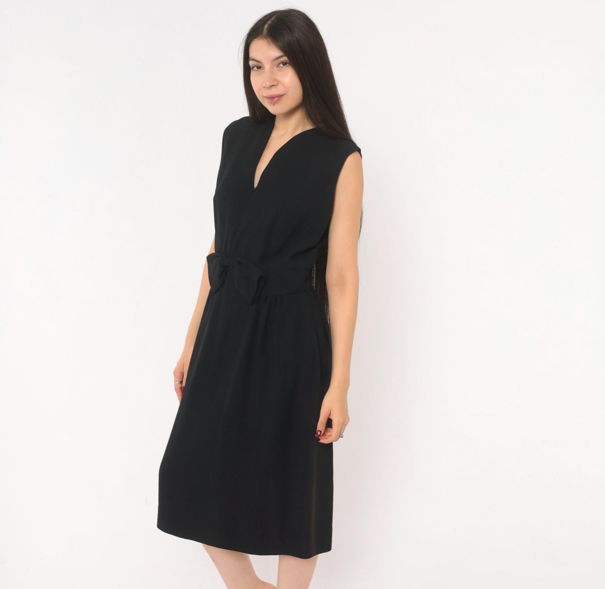 60s Black Mod Sleeveless Dress Bow Waist Knee Length A-Line Large L