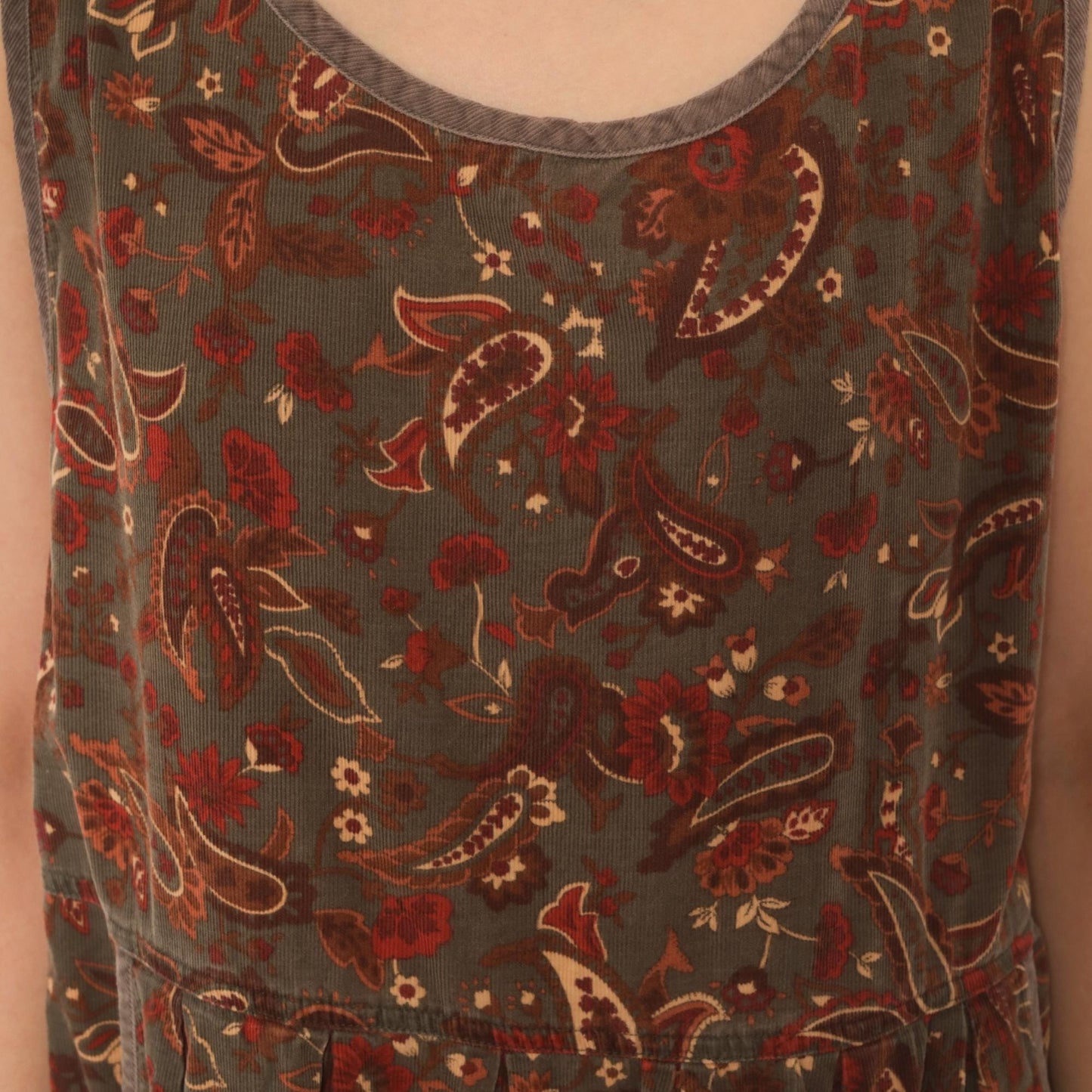 90s Erika Paisley Corduroy Jumper Dress Olive Maxi Pleated Skirt Extra Large XXL