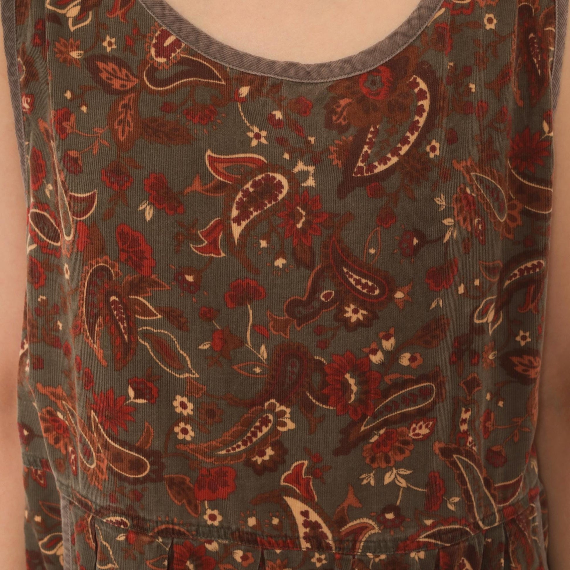 90s Erika Paisley Corduroy Jumper Dress Olive Maxi Pleated Skirt Extra Large XXL