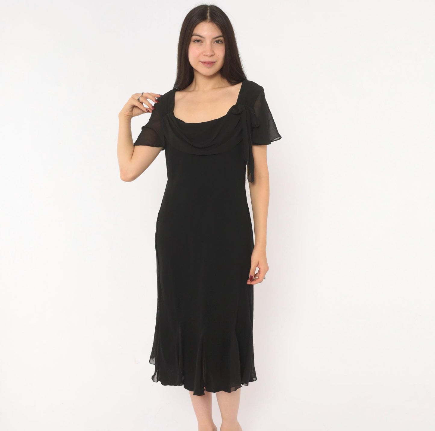 90s SL Fashions Black Chiffon Midi Dress Cowl Neck Flutter Sleeve Large
