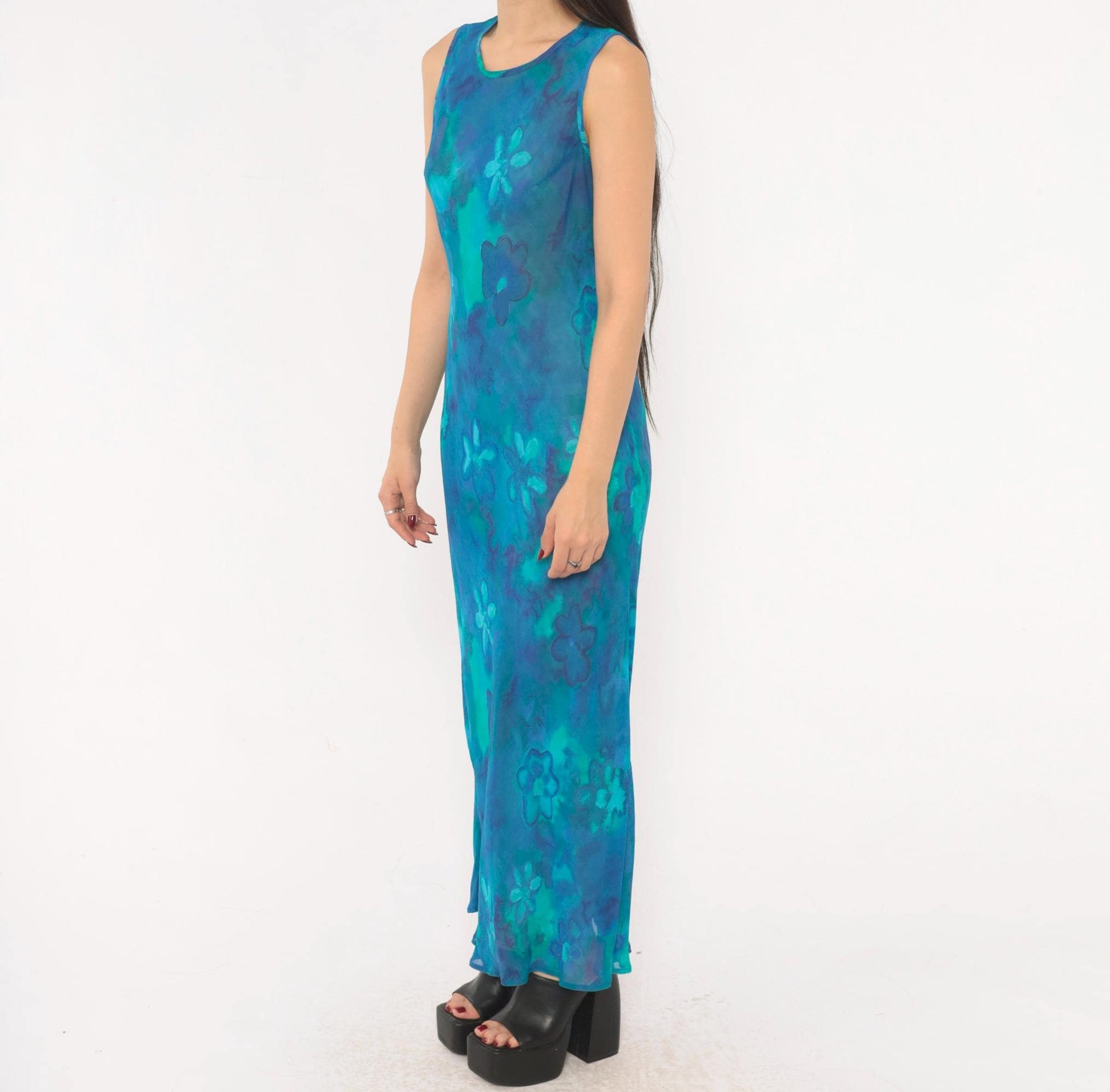 90s Mica Floral Maxi Dress Blue Teal Watercolor Chiffon Sleeveless Small S