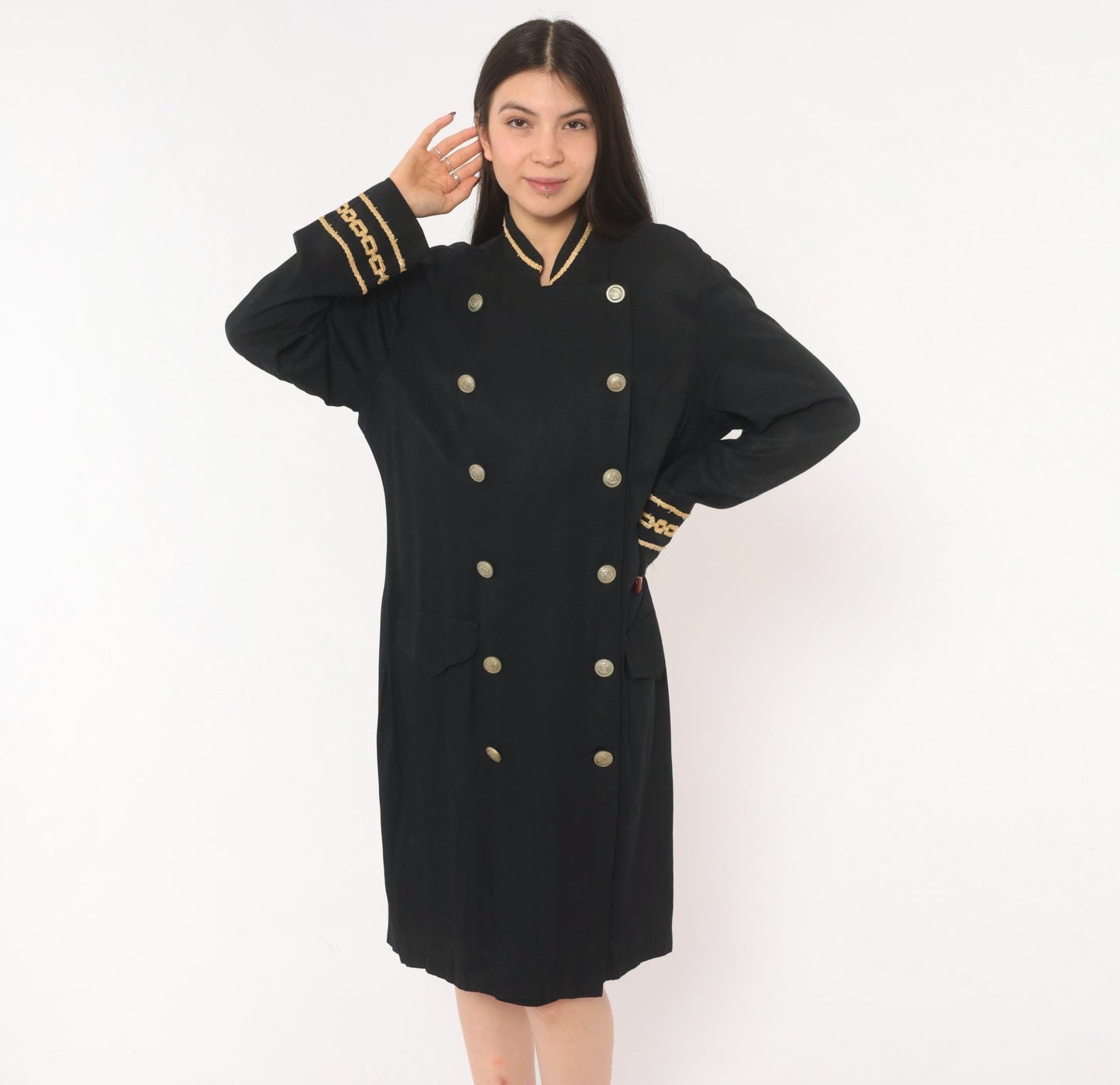 90s Marnie West Military Coat Dress Black Gold Chain Mandarin Collar Large L