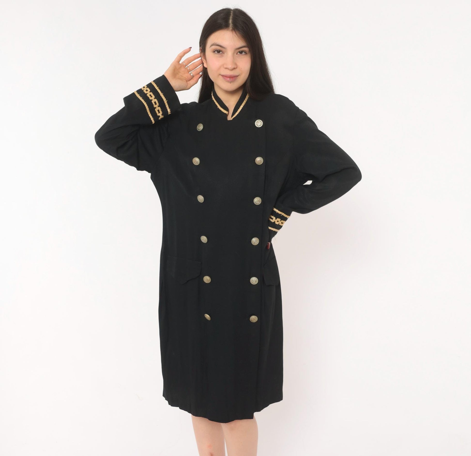 90s Marnie West Military Coat Dress Black Gold Chain Mandarin Collar Large L