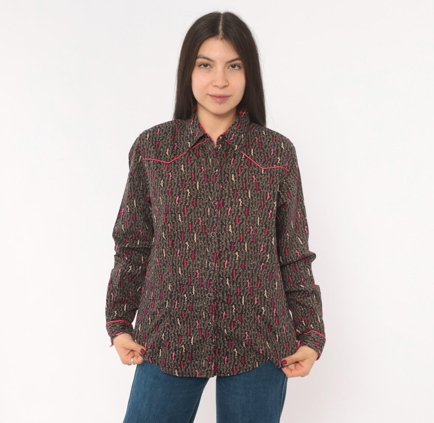 Y2K Ultra Twenty X Western Snap Shirt Cowgirl Print Grey Pink Cotton Medium M