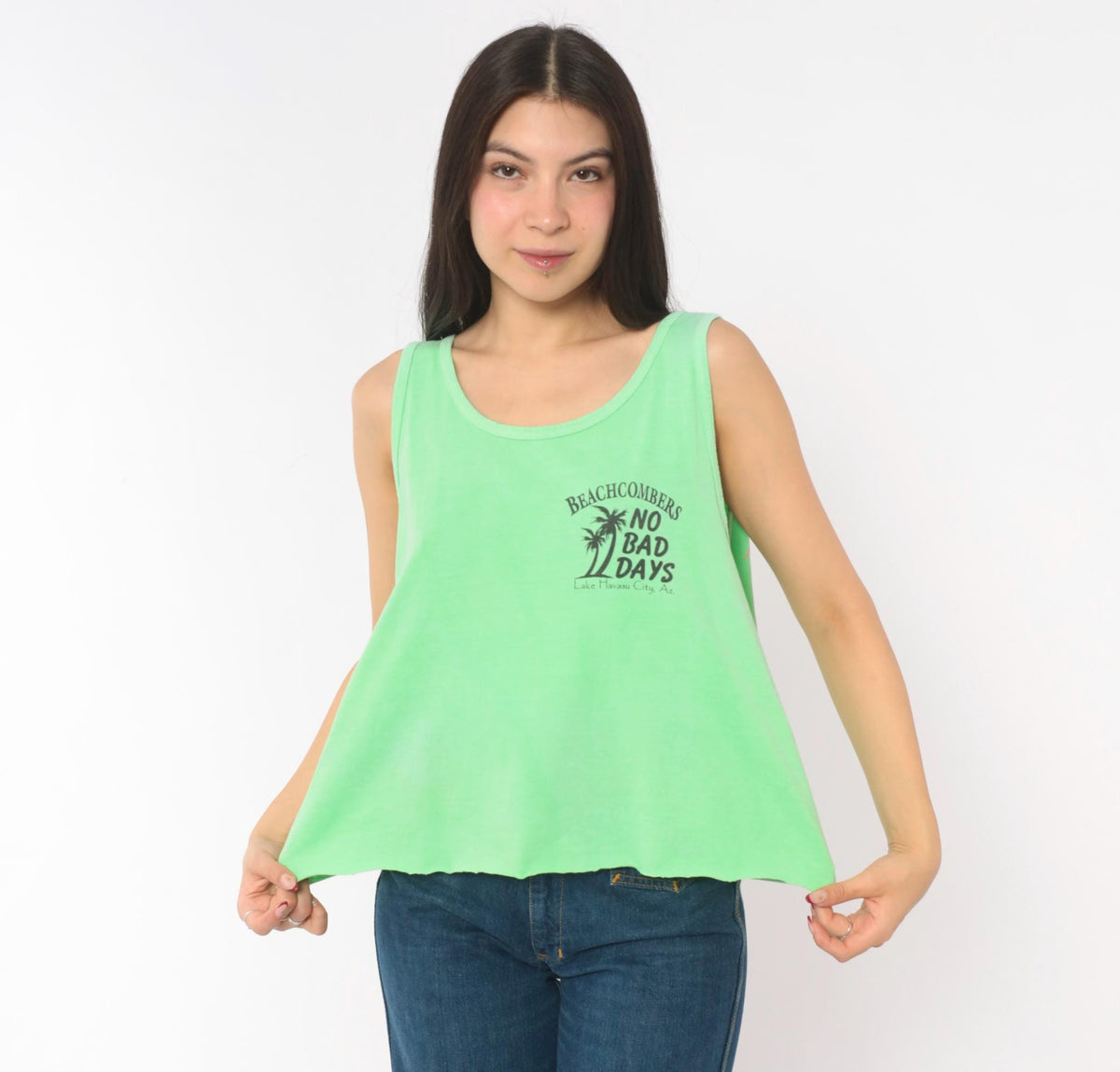 90s Authentic Pigment Neon Green Tank Top Jet Ski Graphic Lake Havasu Large