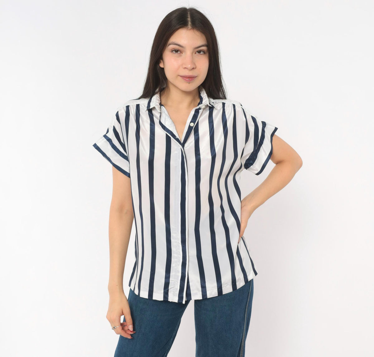 80s Navy White Striped Camp Collar Blouse Button Front Medium