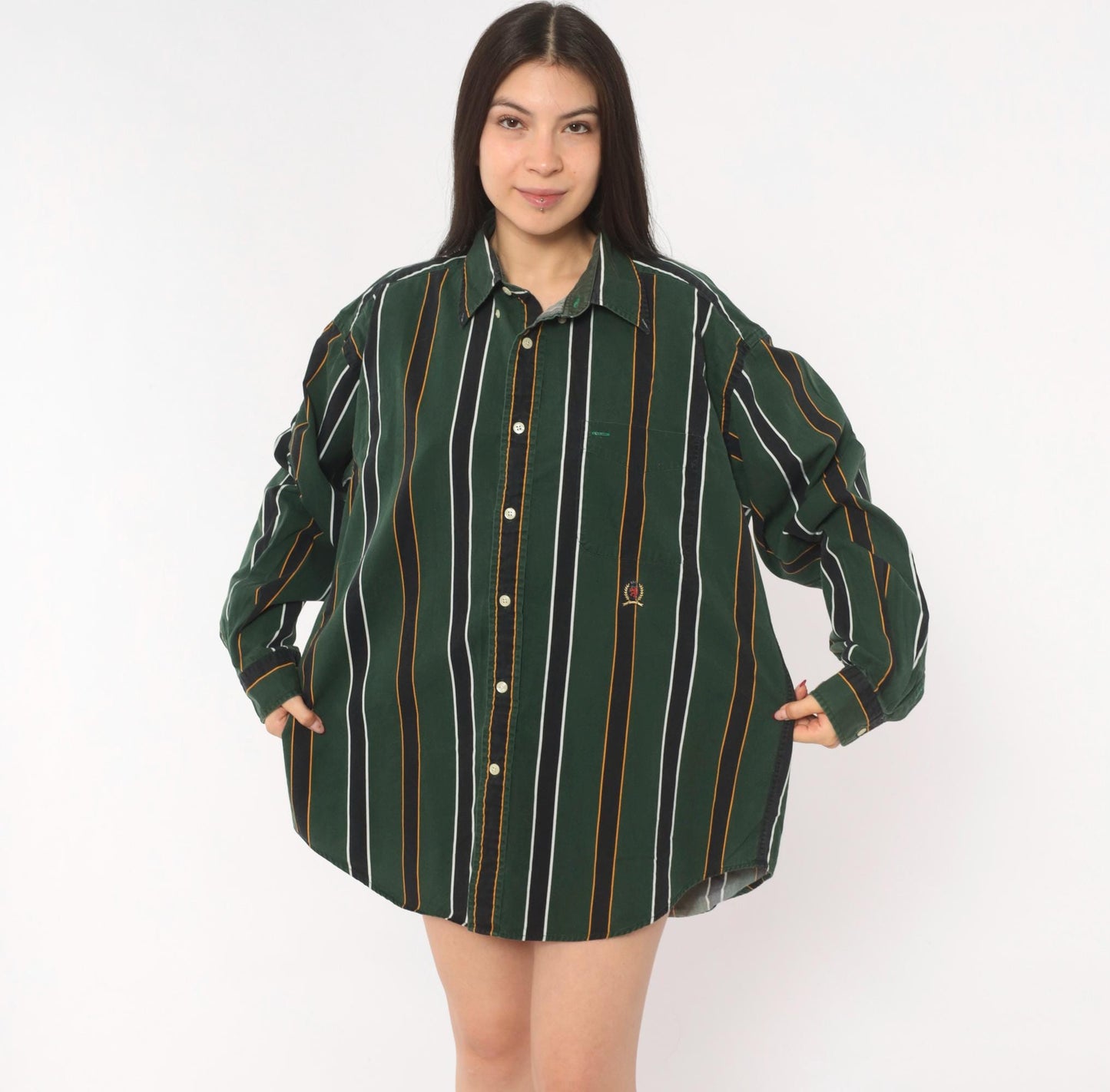 Tommy Hilfiger 90s Striped Cotton Shirt Forest Green Crest Logo Large L