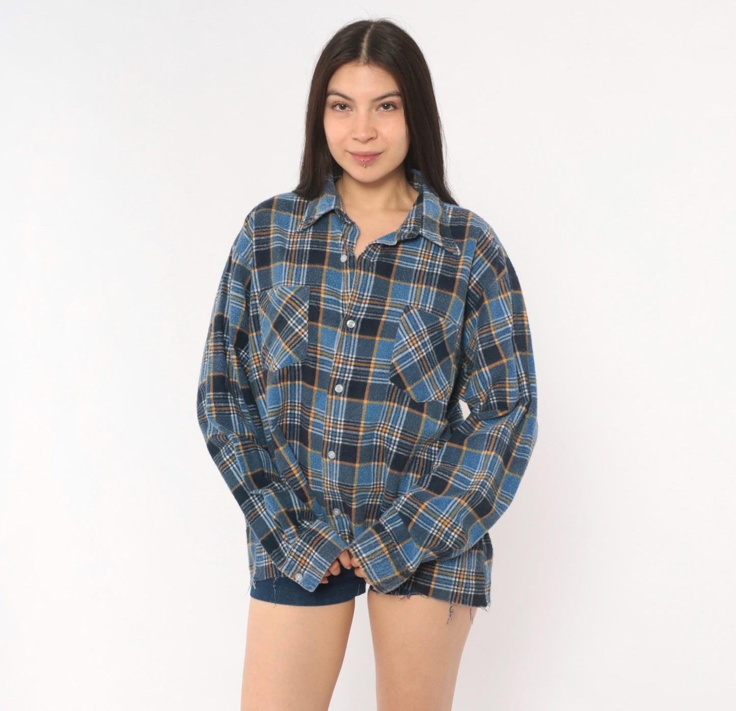 90s Montgomery Ward Flannel Shirt Blue Plaid Cotton Distressed Large L
