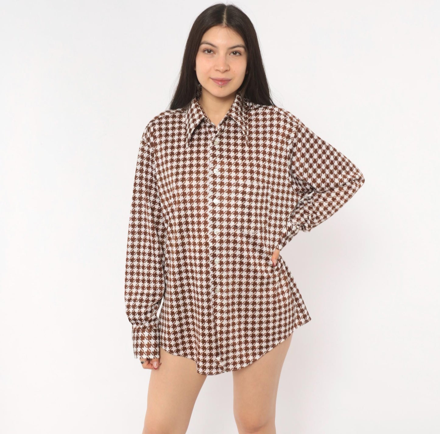 70s Brown White Houndstooth Button Up Shirt Pointed Collar Chest Pocket Large
