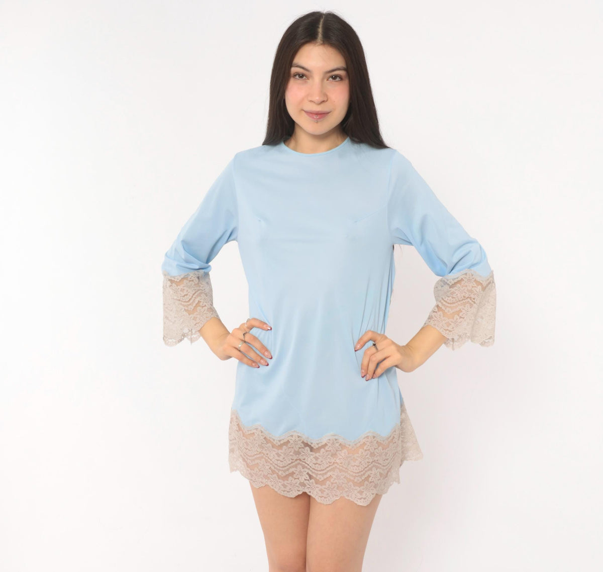 70s Sky Blue Lace Trim Mini Slip Dress Scalloped Bell Sleeve Keyhole Back XS