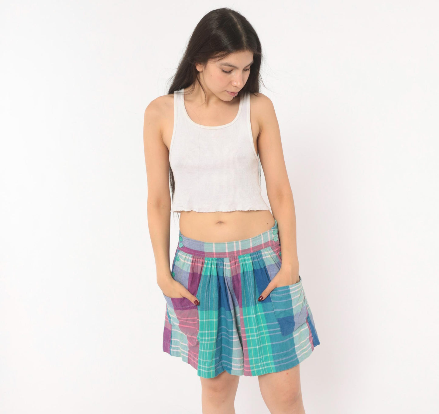 90s Technics Madras Plaid Shorts High Waisted Wide Leg Cotton Teal Pink Large L