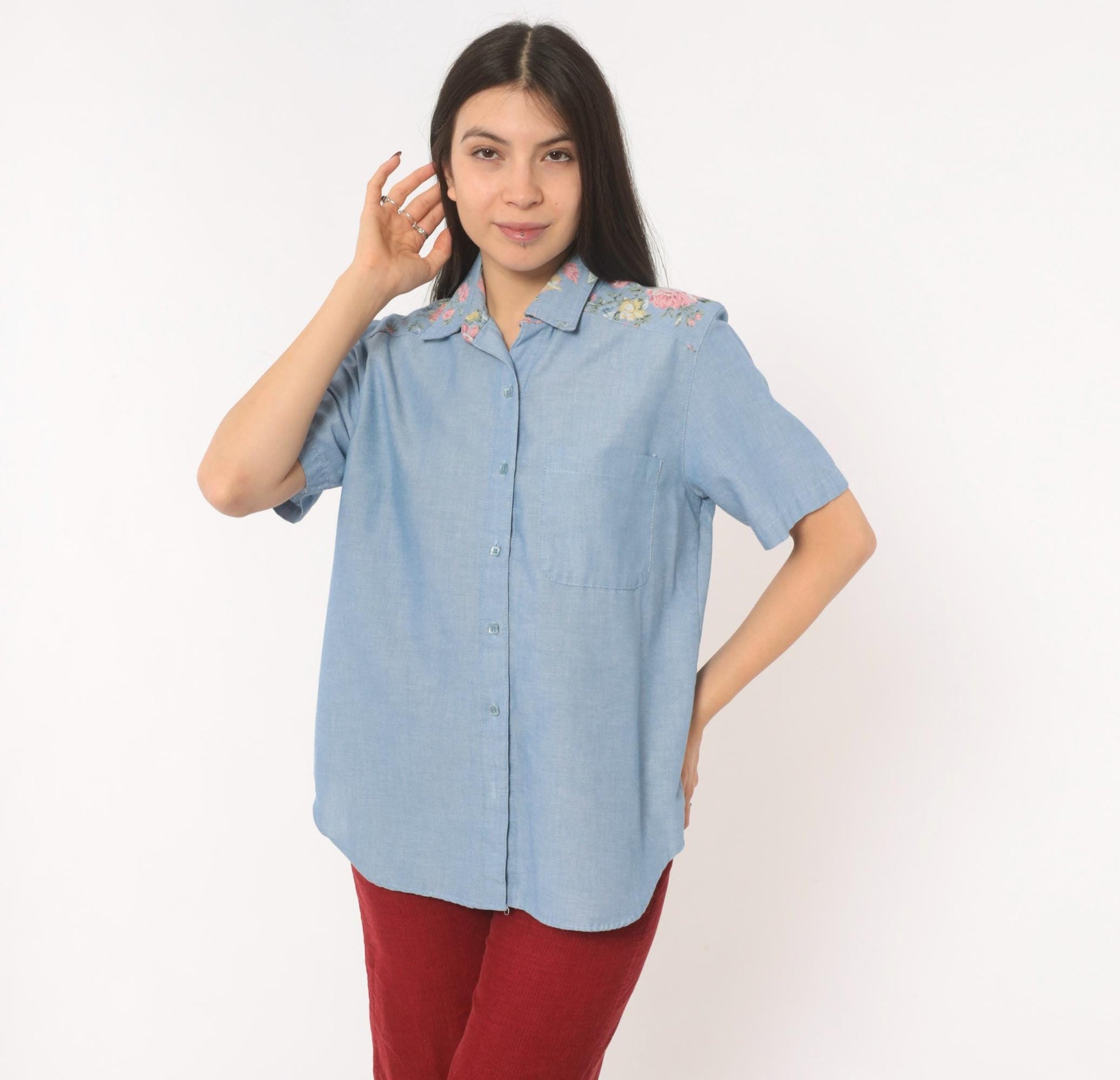90s Alfred Dunner Floral Yoke Chambray Shirt Blue Button Front Medium