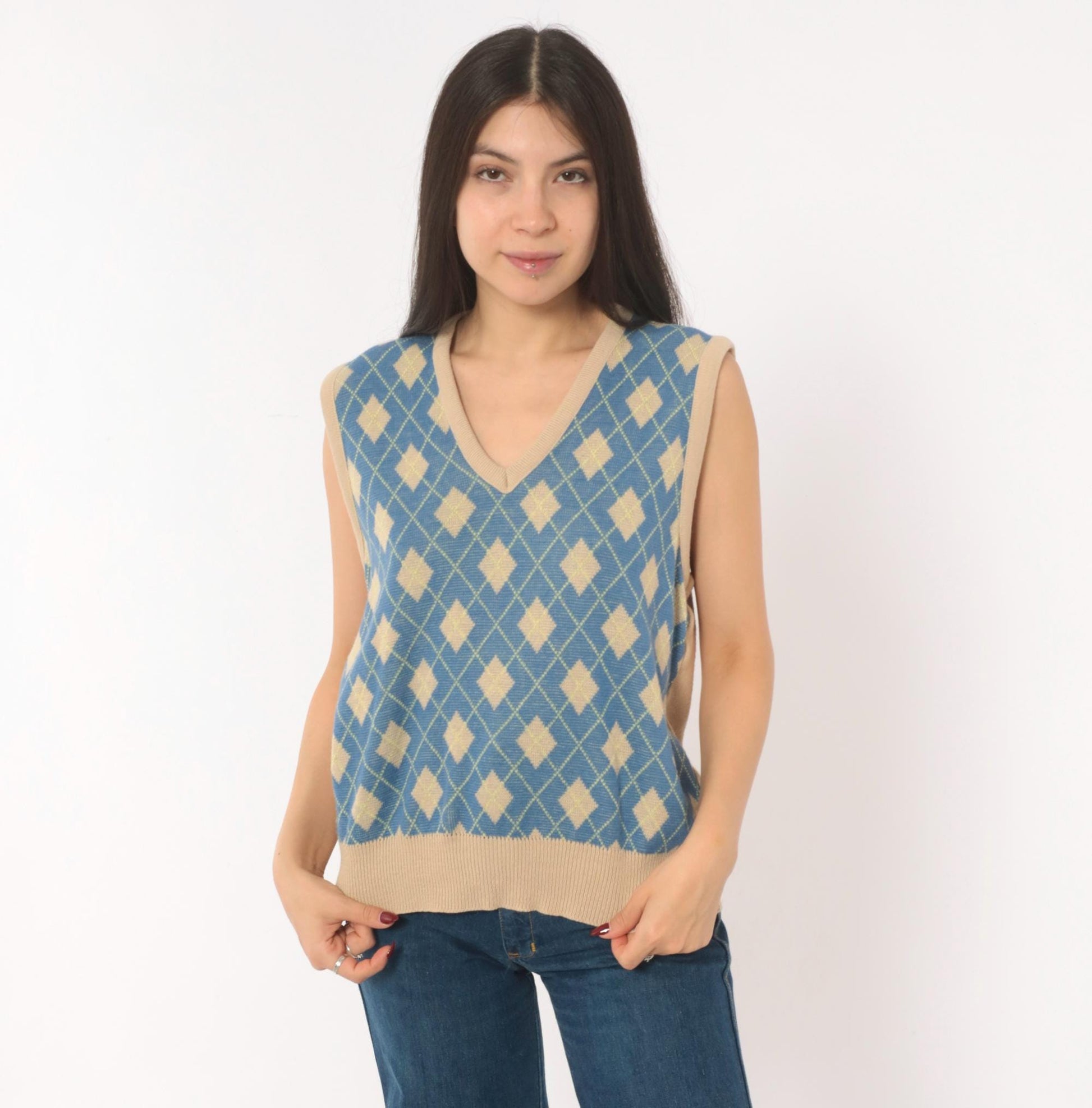 70s Pinnacle Argyle Knit Vest Blue Tan Diamond V-Neck Medium