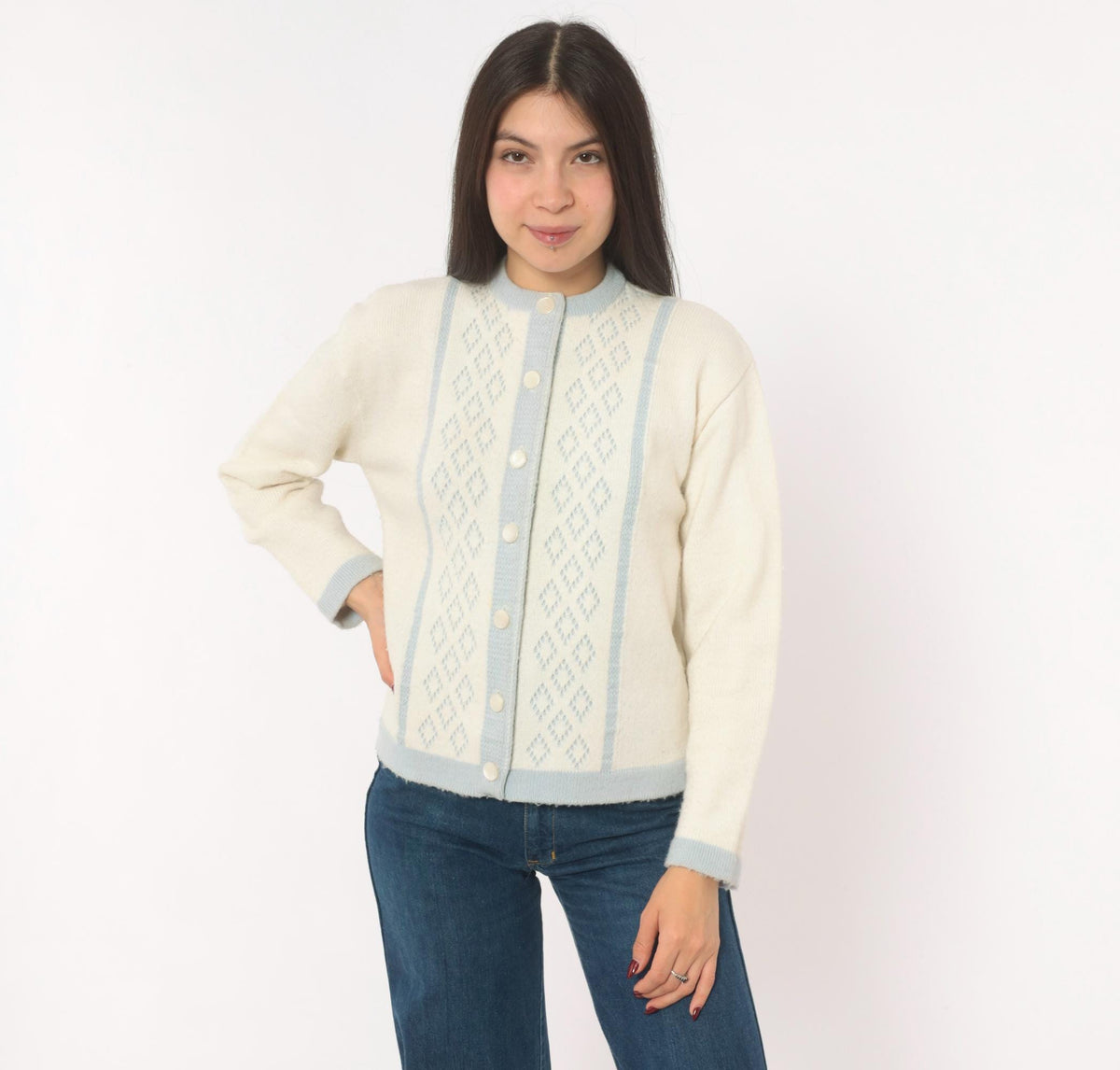 70s Mello Knit Cream Baby Blue Diamond Cardigan Button Front Medium