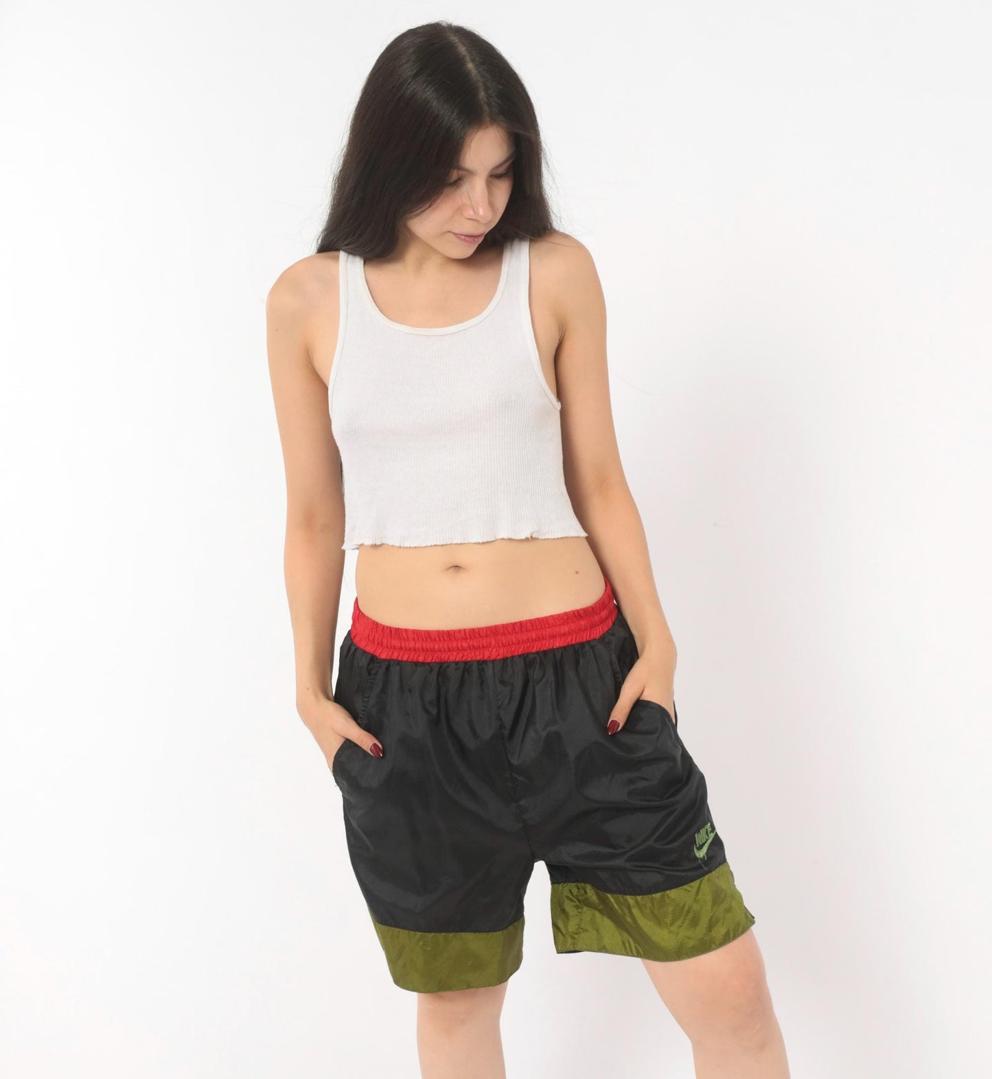 90s Nike Windbreaker Shorts Black Olive Red Color Block Medium M