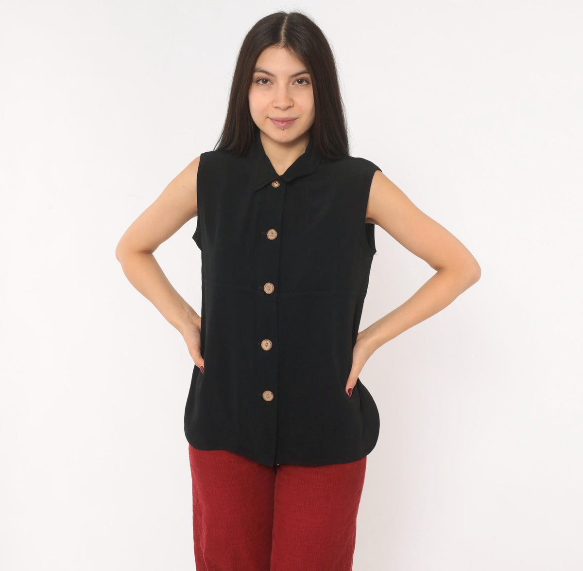 90s First Option Black Sleeveless Button Blouse Pointed Collar Medium M