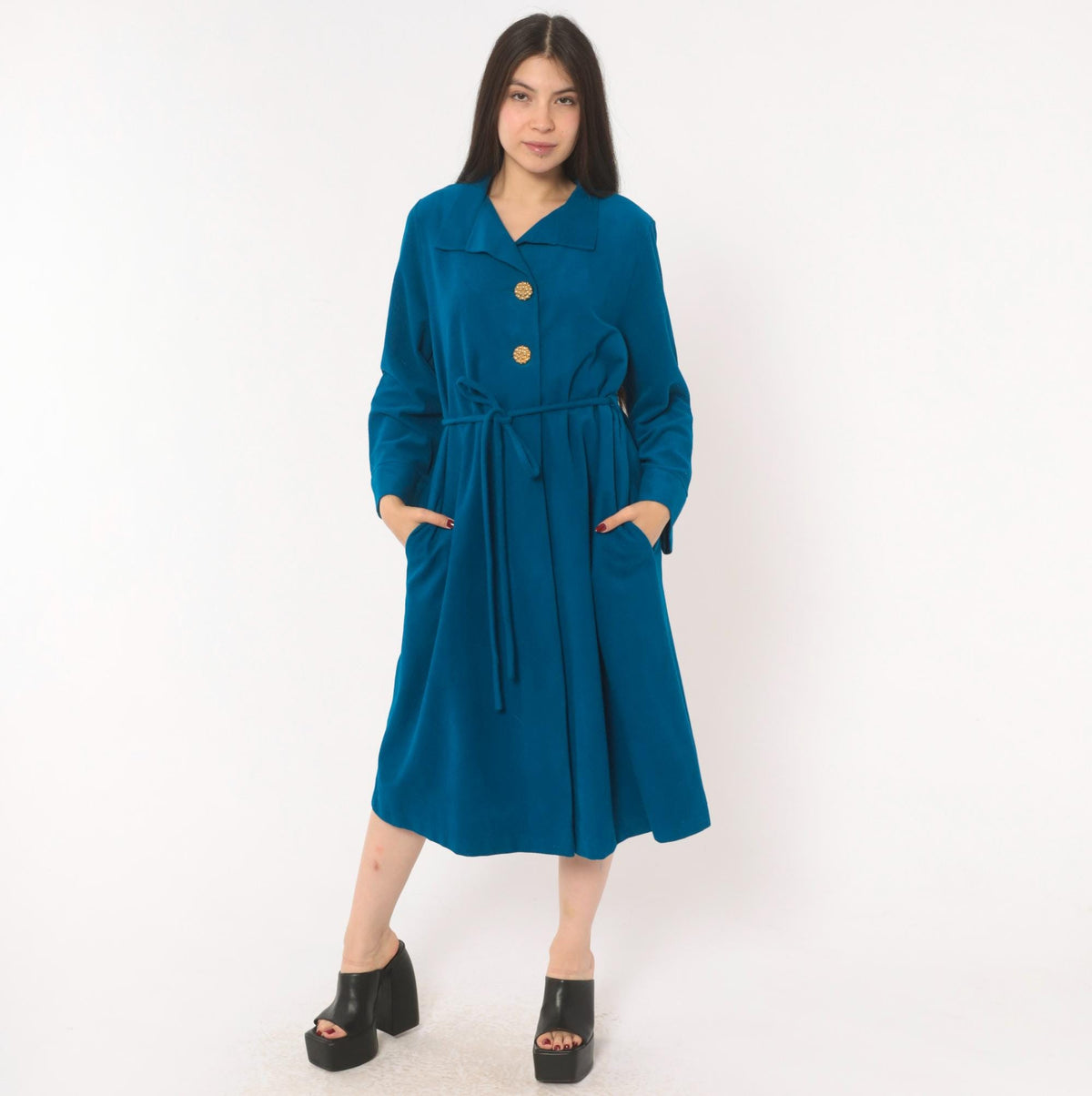 70s Vassarette Cobalt Belted Wrap Coat Knee Length Gold Buttons Medium
