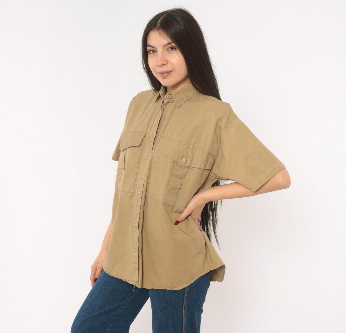 90s Forenza Tan Safari Button Shirt Cotton Khaki Utility Blouse Small S