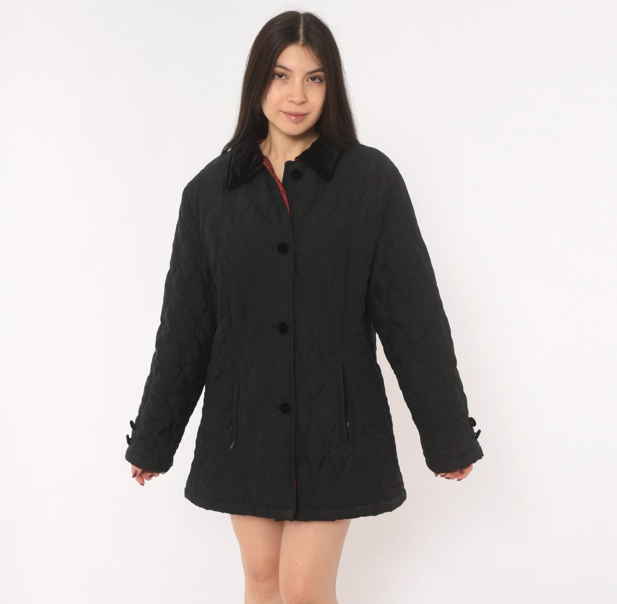 90s Halston Sport Black Quilted Jacket Diamond Stitch Velvet Collar Medium M