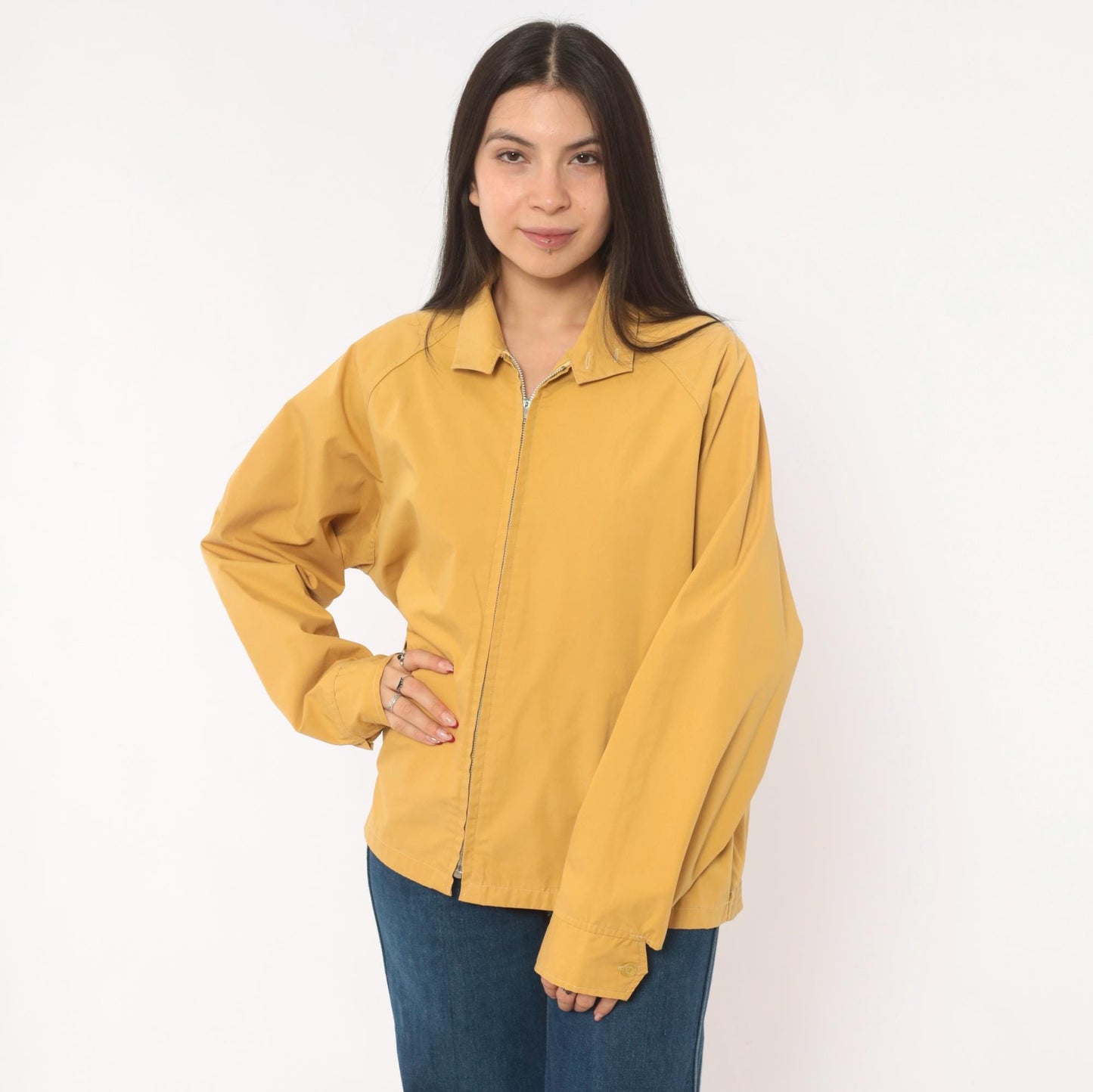 80s Mustard Harrington Jacket Zip Front Cotton Windbreaker Unisex Medium