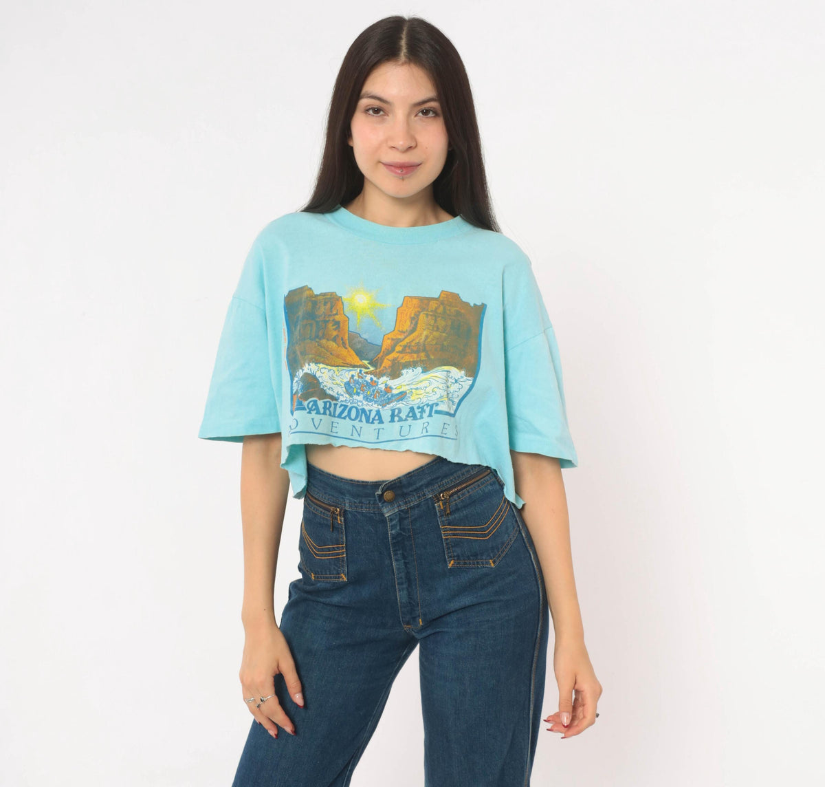 80s Arizona Raft Adventures Crop Top Light Blue Cotton Tee Stedman Medium