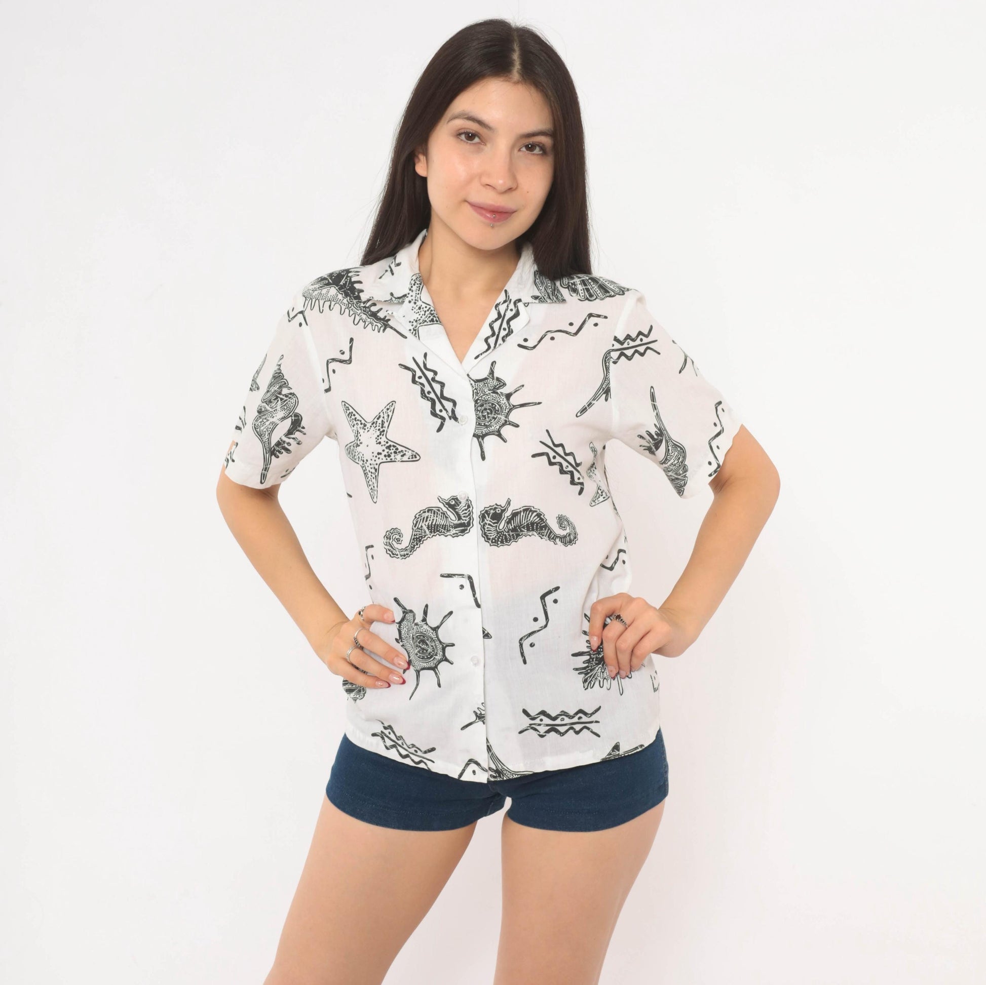 90s Cheryl Tiegs Seashell Print Camp Collar Shirt White Black Cotton XS