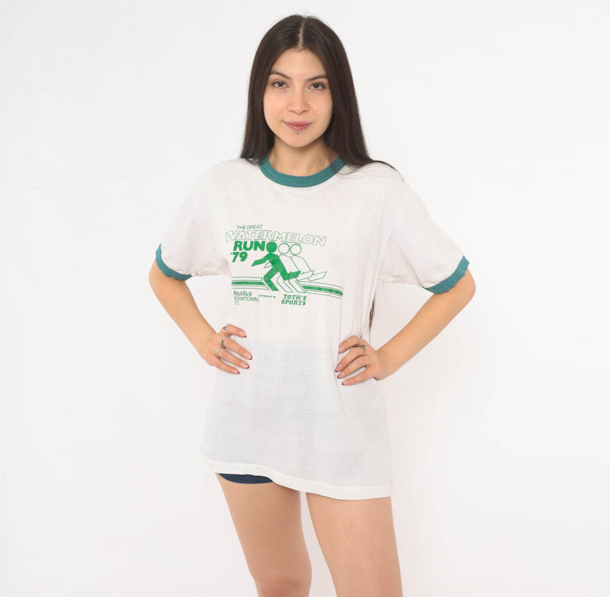 70s Watermelon Run Ringer Tee White Green Graphic Race Event Large L