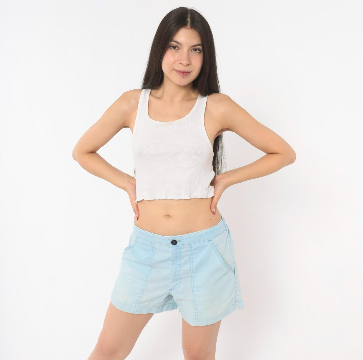 80s Light Blue Cotton Shorts Elastic Waist Button Fly Medium Large