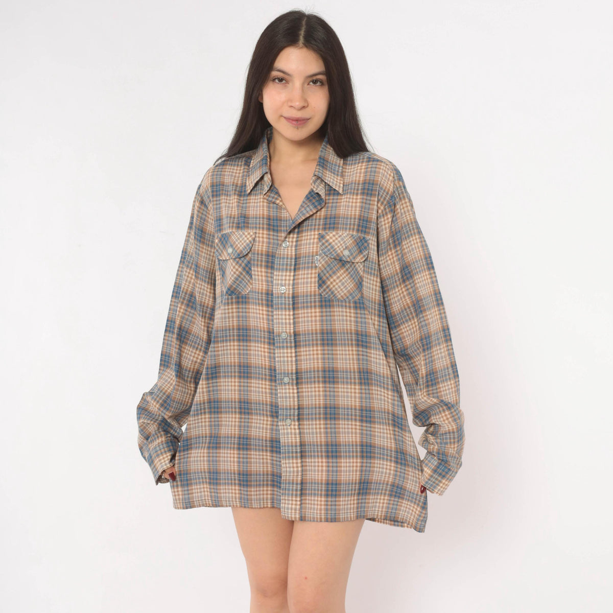 80s Levis Wildfire Plaid Button-Up Shirt Blue Tan Check Mens Medium