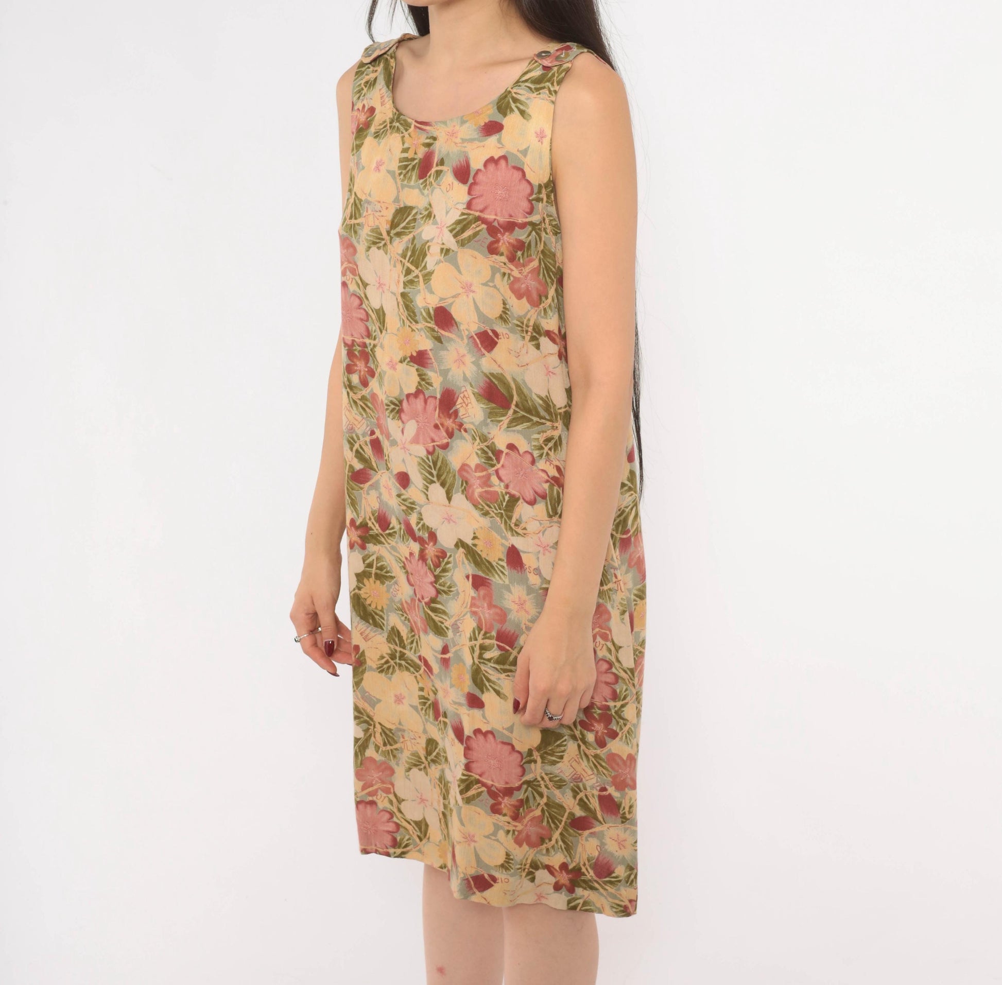 90s Dressing Clio Floral Shift Dress Cream Tropical Print Knee Length Small