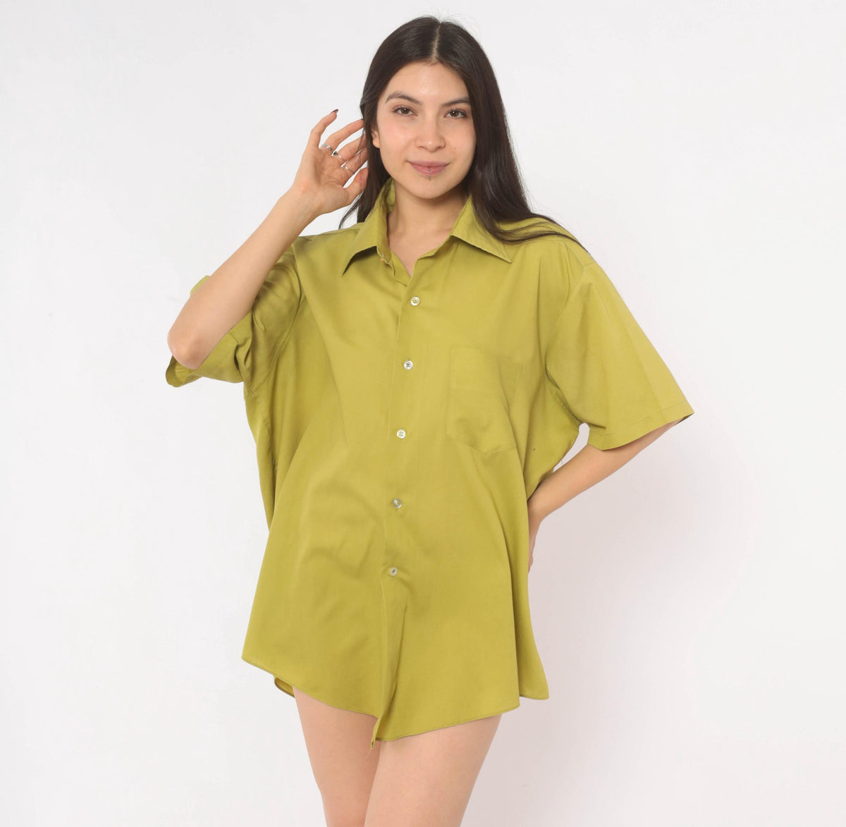 70s Olive Button-Front Camp Shirt Cotton Short Sleeve Moss Green Plus Size XXL