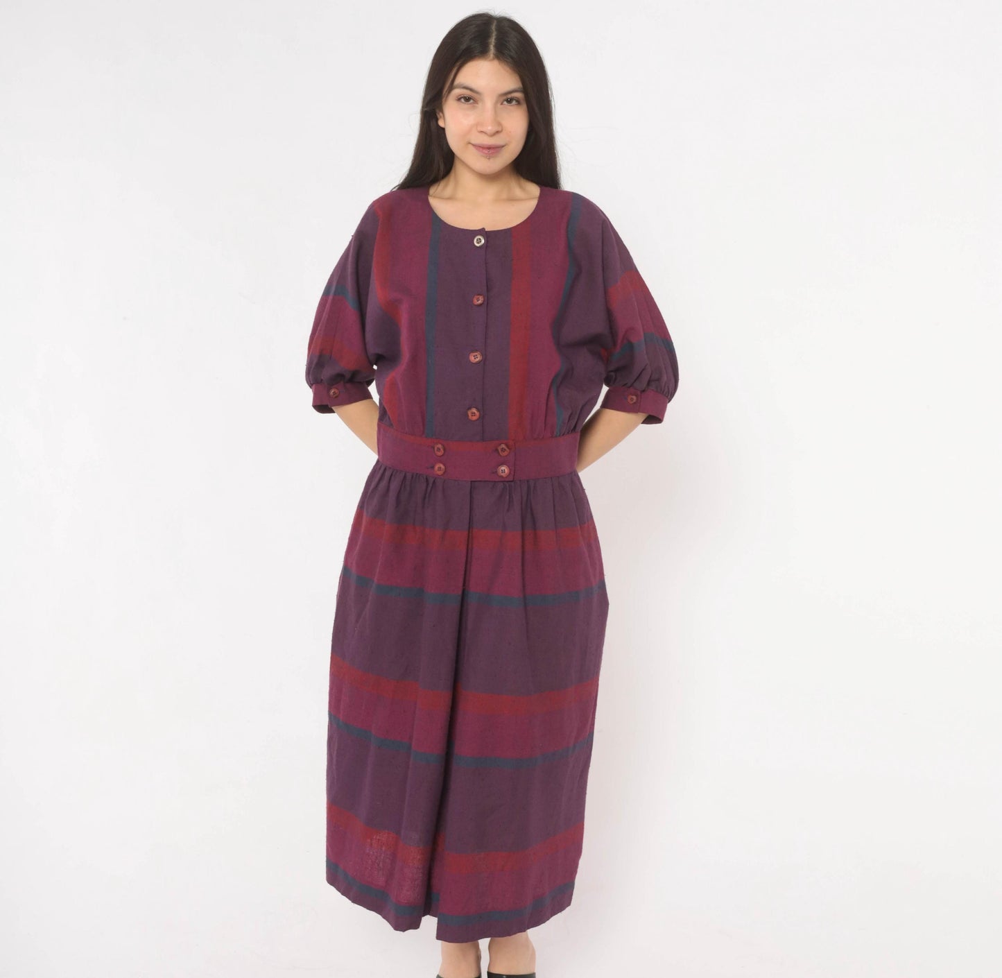 80s David Warren Plaid Midi Dress Purple Burgundy Puff Sleeve Cotton Large L