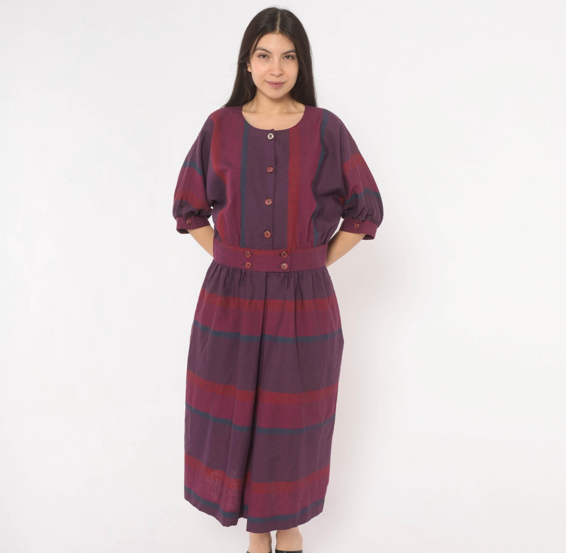 80s David Warren Plaid Midi Dress Purple Burgundy Puff Sleeve Cotton Large L