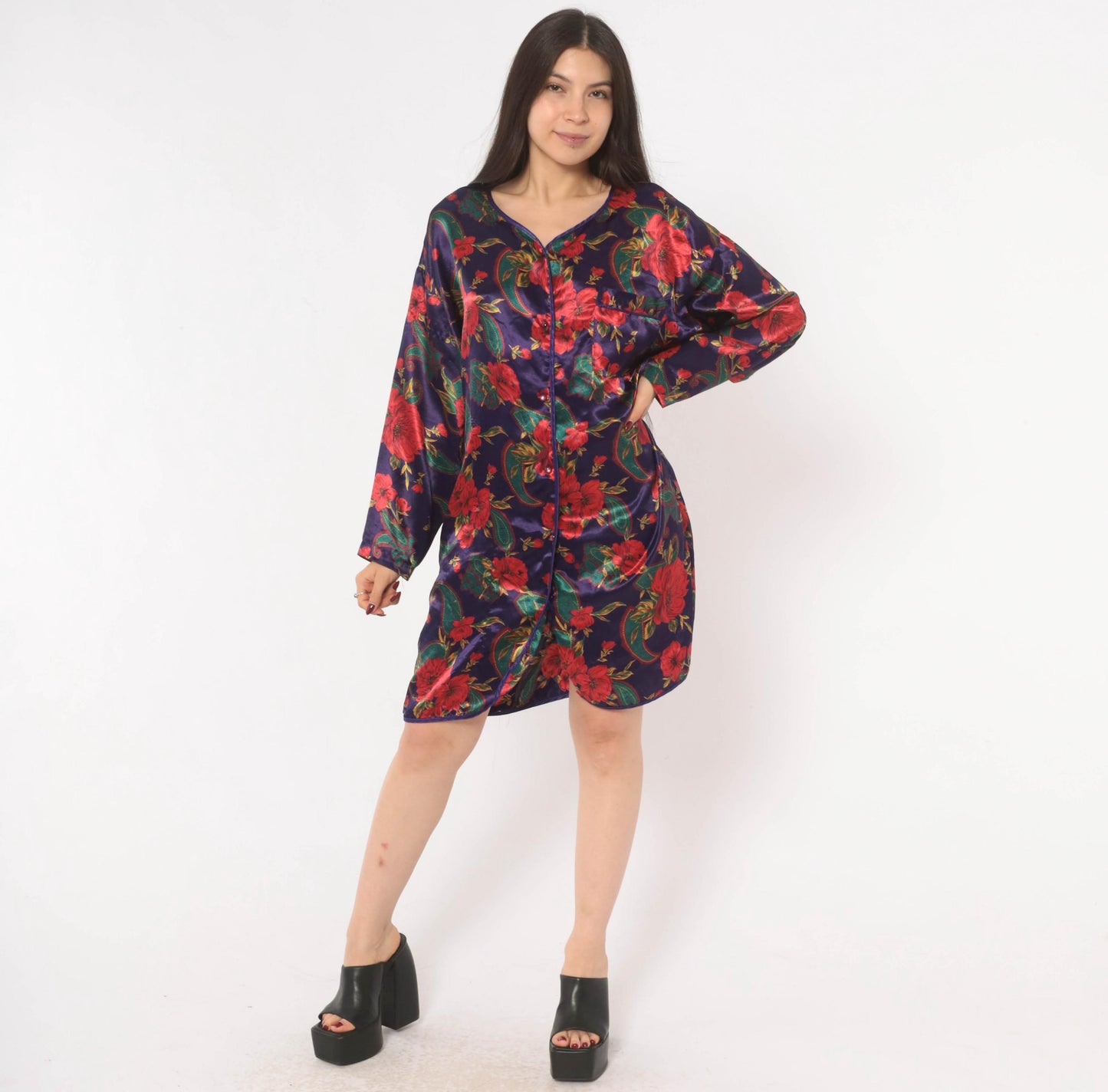 90s Satin and Beaux Floral Paisley Nightshirt Purple Red Teal Knee-Length Small