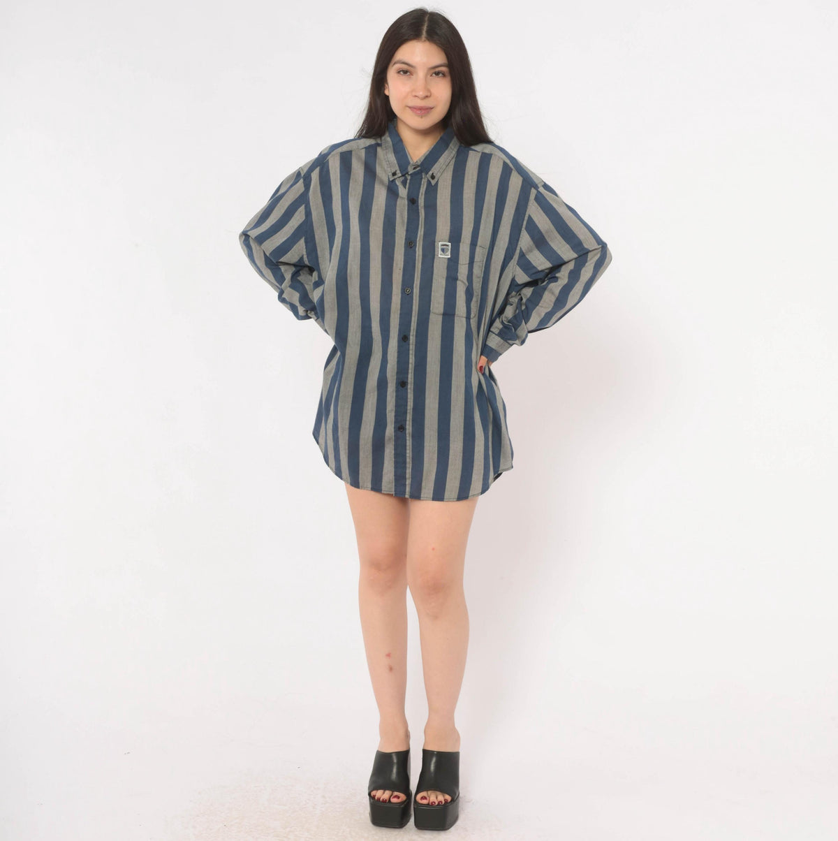 80s Brittania Striped Button Down Navy Grey Vertical Stripe Shirt Plus Size XXL