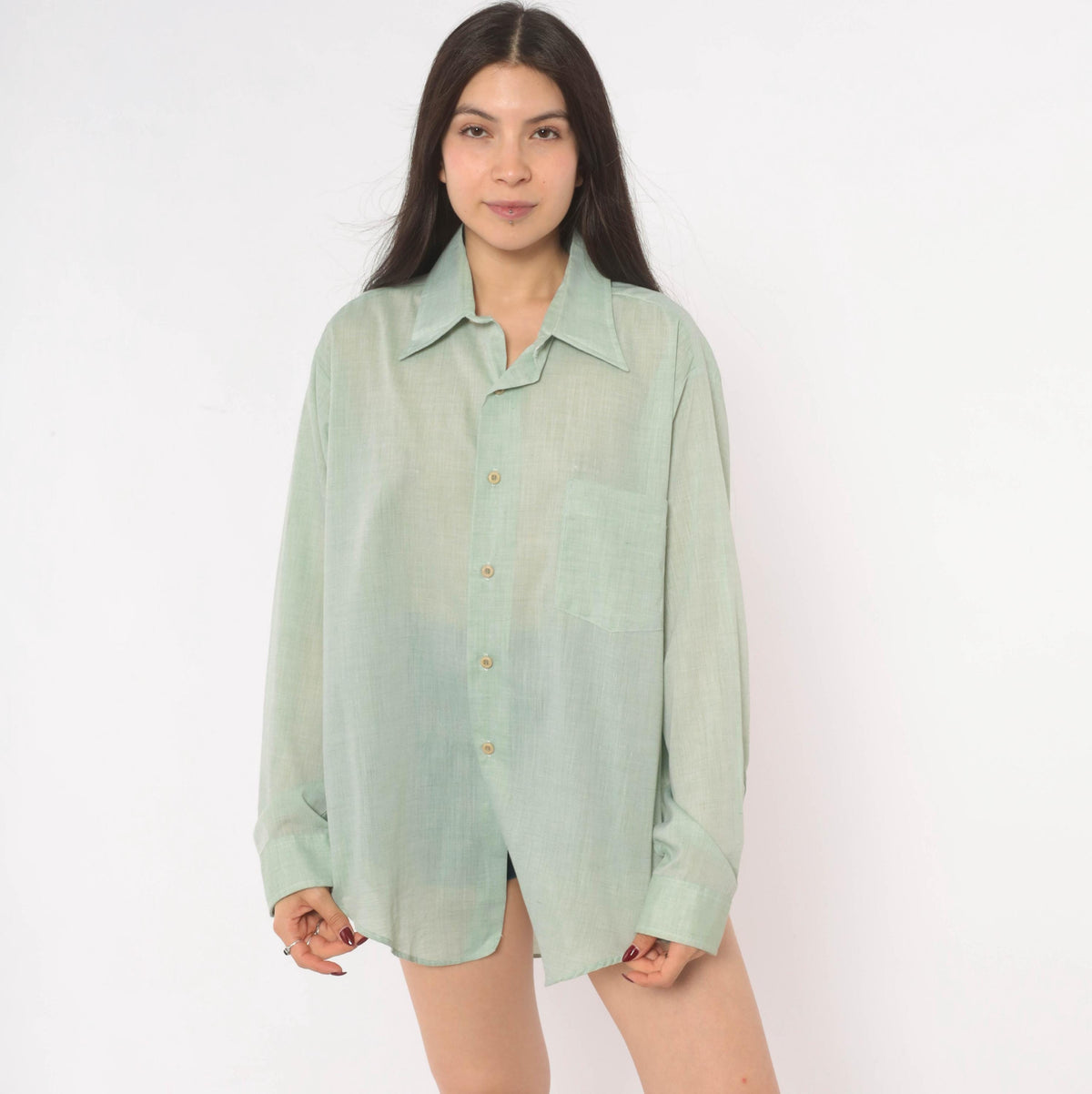 70s Sage Green Button-Up Shirt Camp Collar Semi-Sheer Cotton Long Sleeve XXL